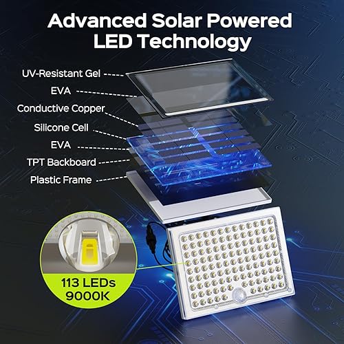 Miniatura 6 de JACKYLED Luces solares para exteriores con sensor de movimiento, 113 LED brillantes de 9000 K, luces solares de inundación para exteriores,