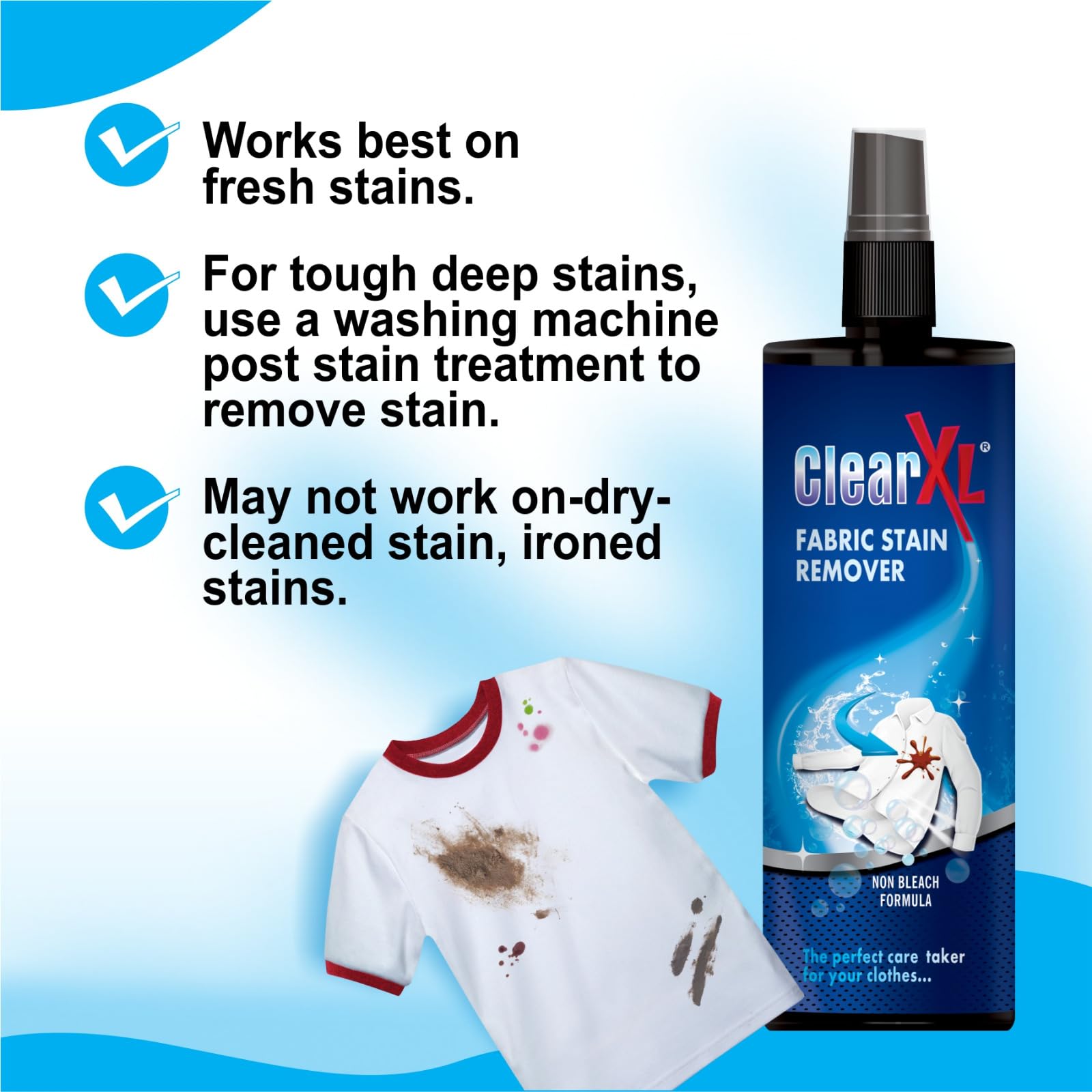 CLEAR XL Fabric Stain Remover Powerful Formula for Tough Stains Safe for All Fabrics Removes Grease, Ink, Coffee, Wine, and Food Stains Gentle on Clothes (100 +100 ml - PACK OF - 2) 2