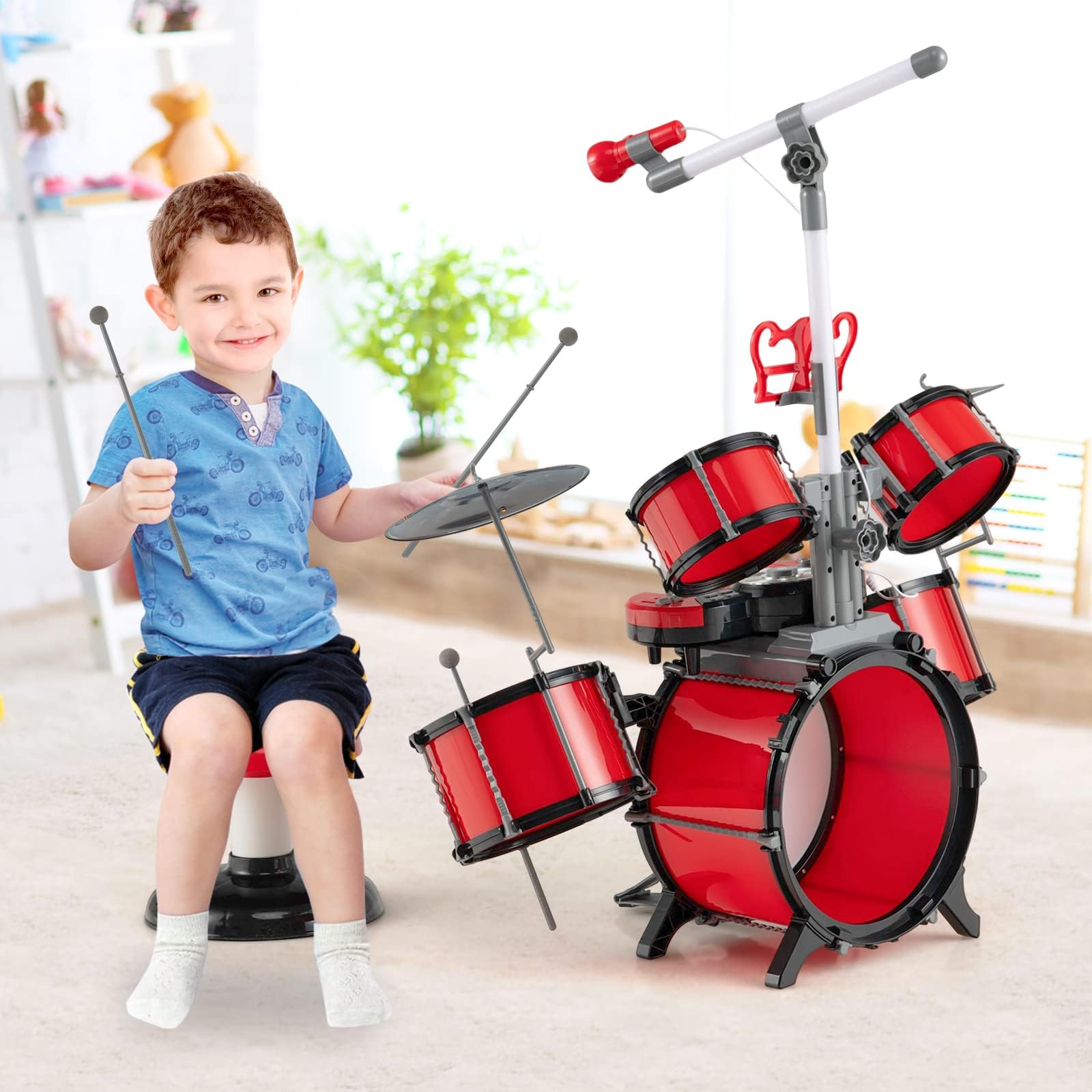 COSTWAY Zestaw perkusji dla dzieci, zestaw perkusyjny z mikrofonem, stojak na nuty, 8 klawiszy i zestaw DJ, wejście audio, instrument muzyczny dla dzieci powyżej 3 lat, czerwony
