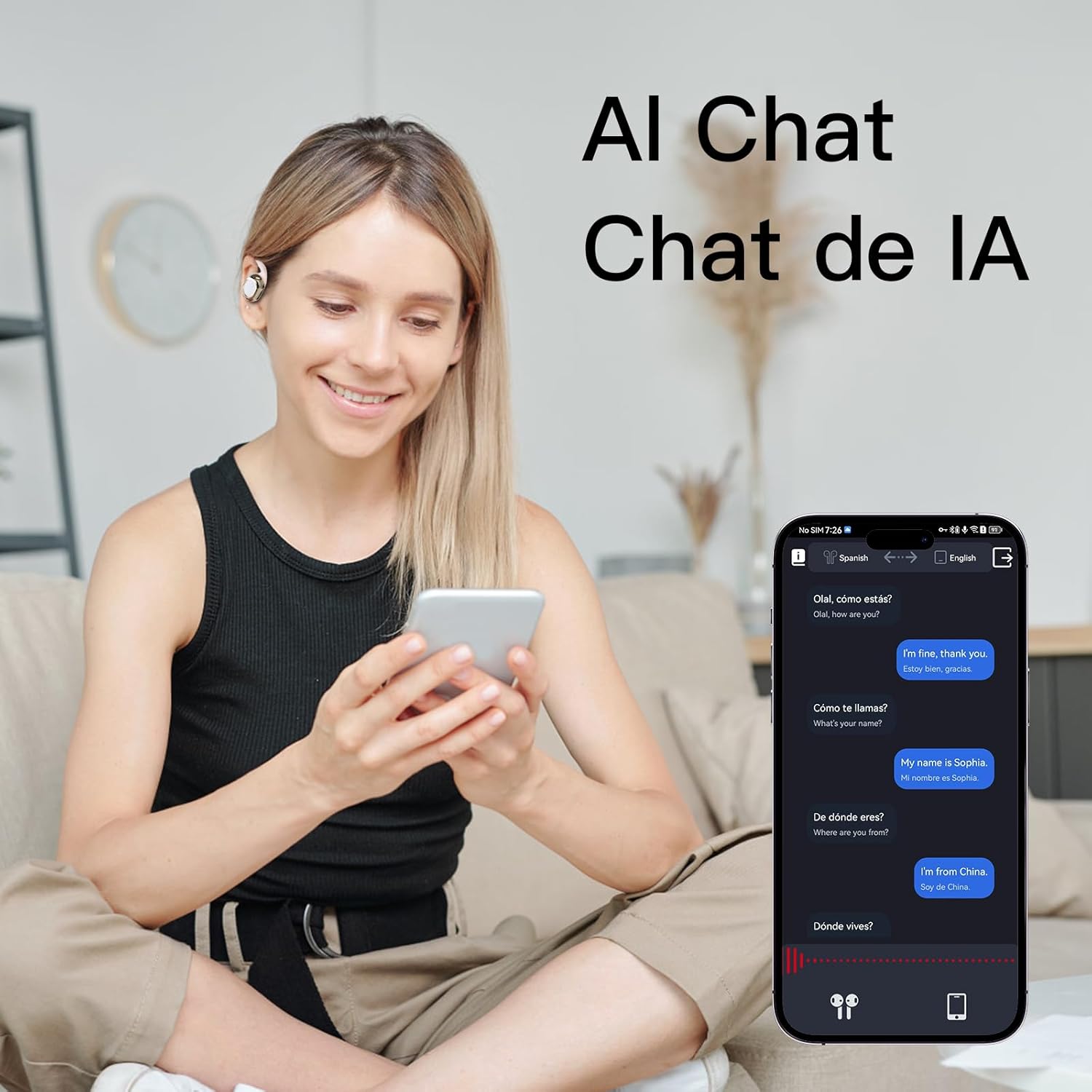 A person using a smartphone displaying an AI chat interface with translated conversation, demonstrating AI chat translation.