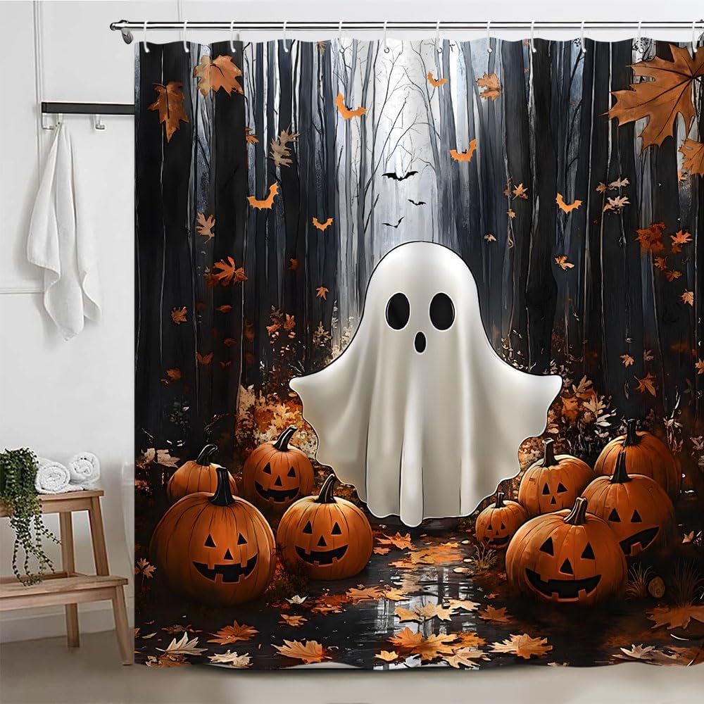 Halloween Ghost Shower Curtain Horror Pumpkin Dead Tree Forest Spooky Gothic Scary Festival Polyester Curtains Bathroom Decor with Hooks 78" Wx70 H