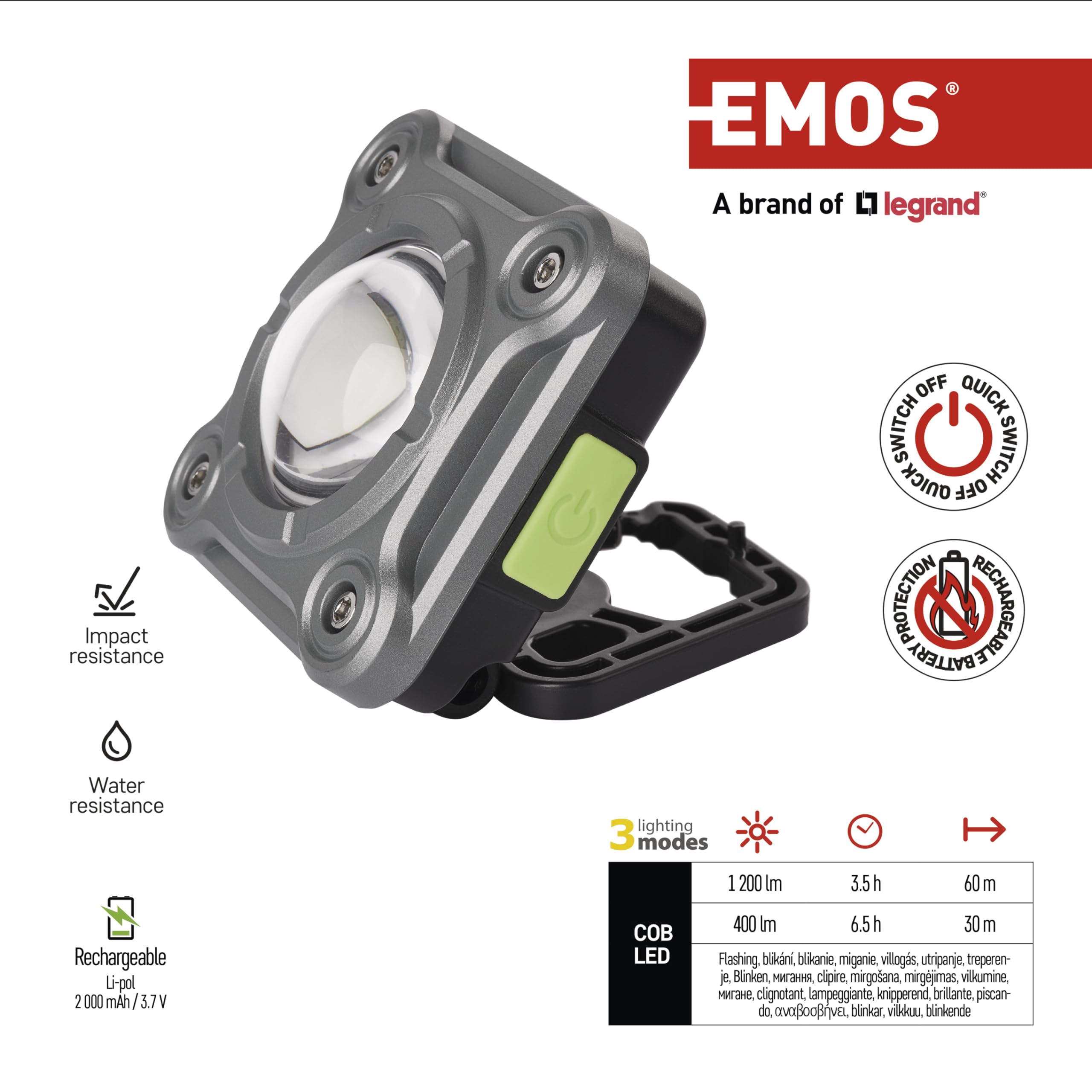 EMOS Mini reflektor LED, lampa kempingowa z 3 trybami świecenia, wodoszczelność IP44, maks. jasność 1200 lm, zasięg 60 m, akumulator 2000 mAh z czasem świecenia do 6,5 h, w zestawie kabel USB, haczyk,