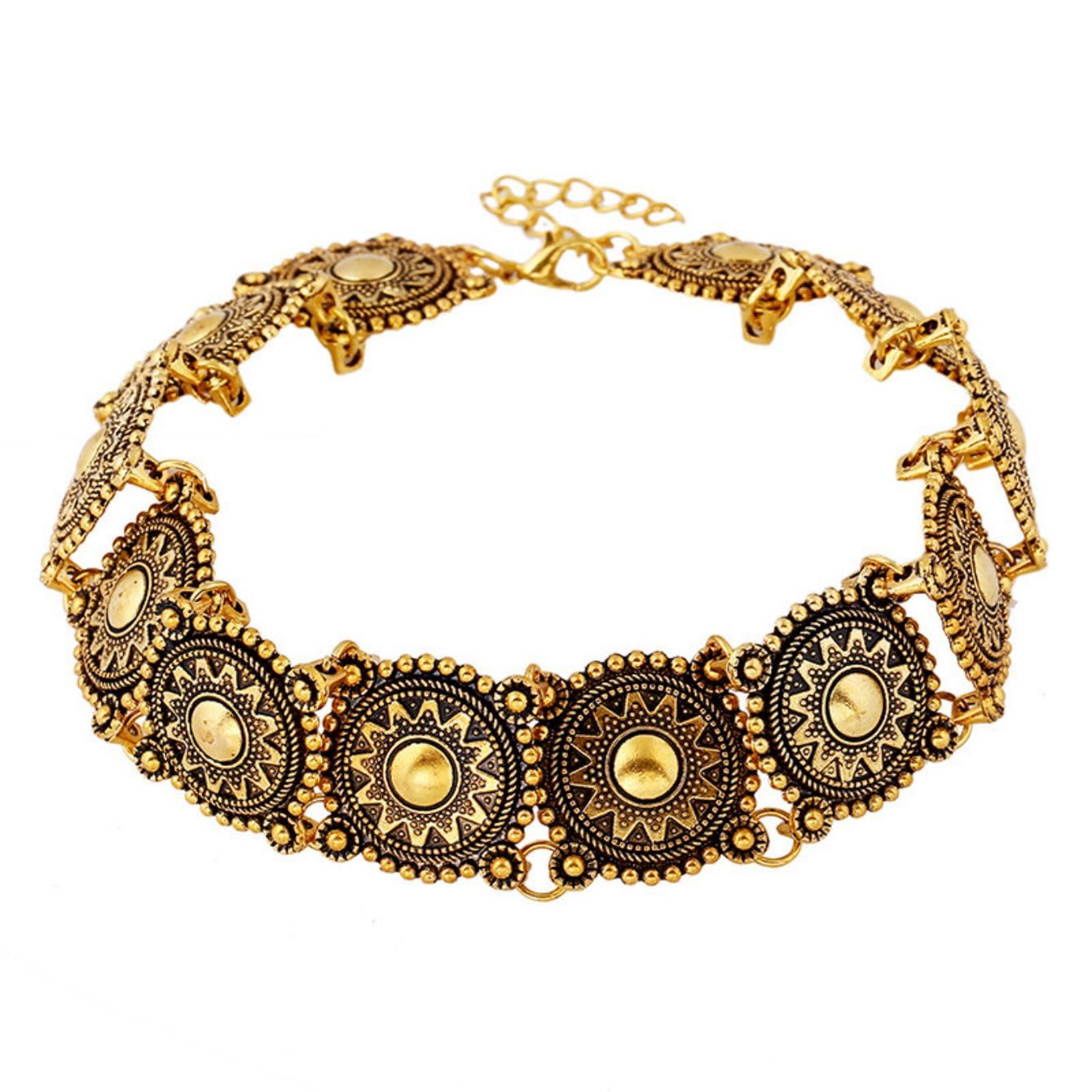Vintage Antique Gold Flower Carved Disc Chain Link Choker Collar Necklace for Women Girls,Western Cowgirl Boho Ethnic Bohemian Chunky Necklace,Tribal Native American Hippie Jewelry Gifts