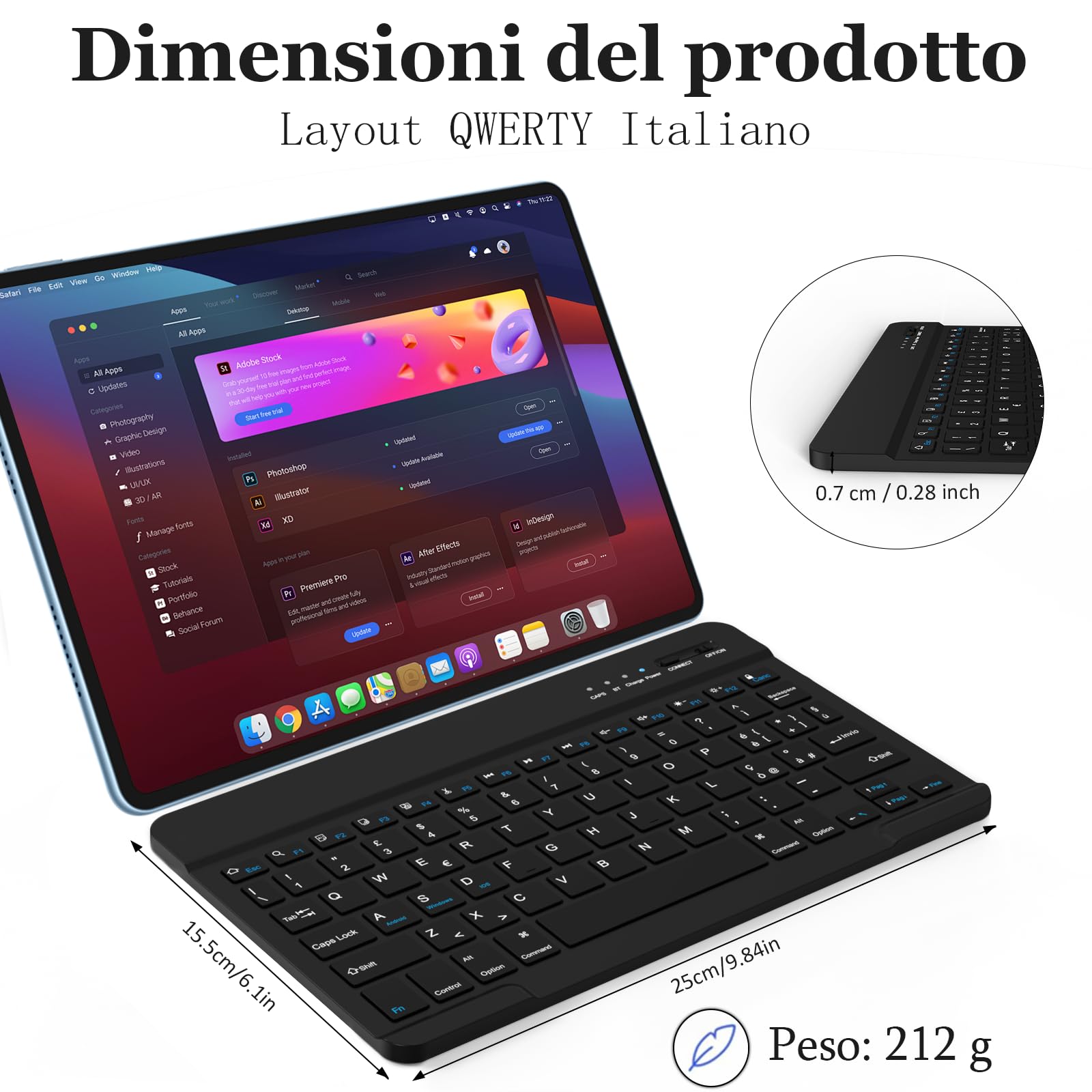 Tastiera Wireless Bluetooth Ricaricabile Ultra Sottile Compatta per Tablet Samsung, iPad, Android, Windows - Layout Italiano