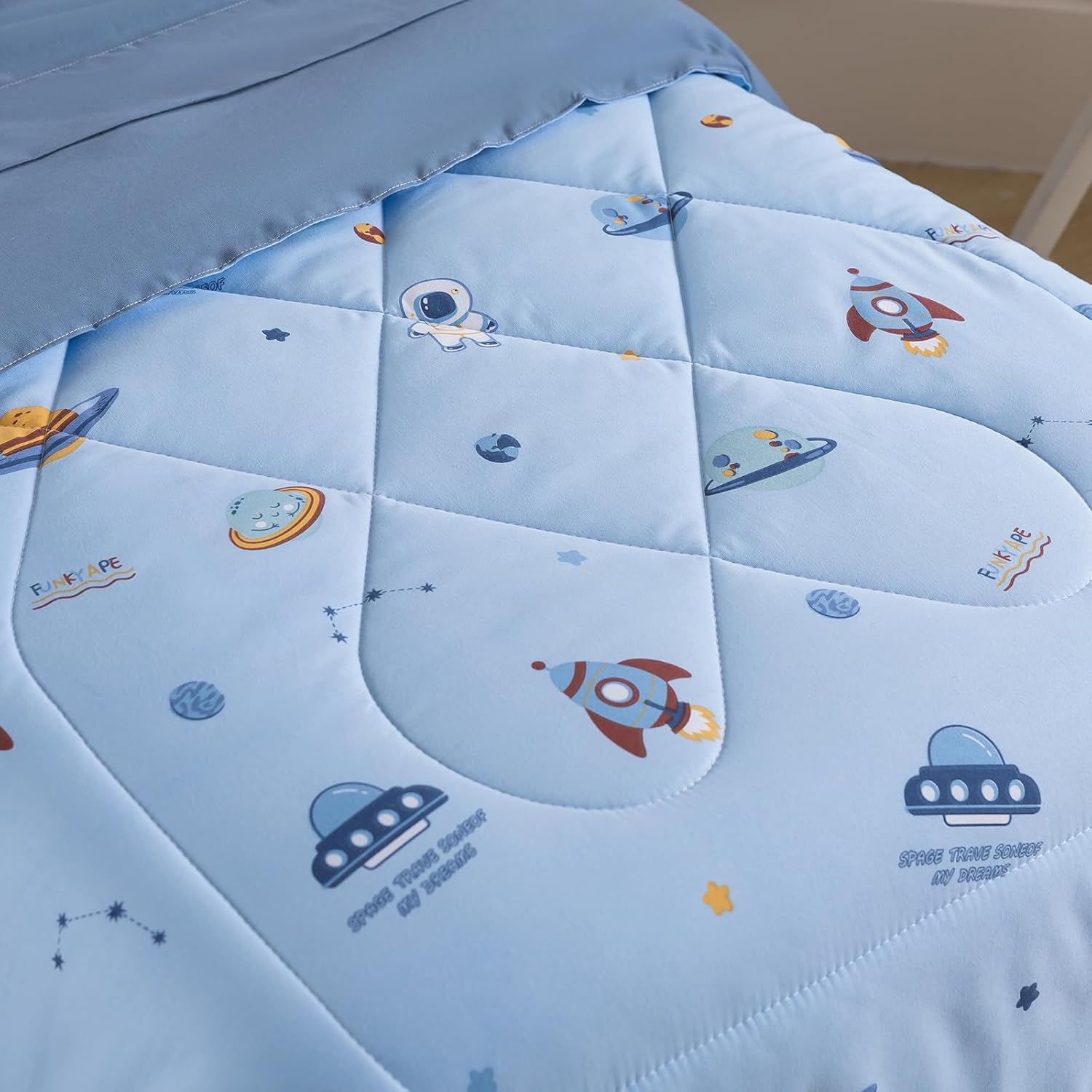 Caressma Toddler Bedding Set for Kids - Lovely Spaceship Print 4 Pieces Blue Comforter Sets, Bed in a Bag Include Comforter, Fitted Sheet, Flat Sheet & Pillowcase