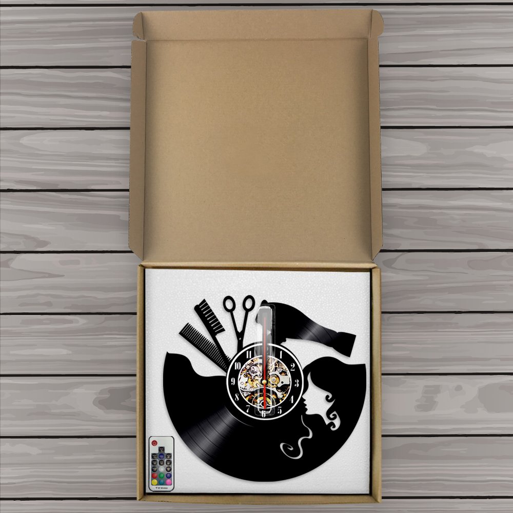 Reloj de pared de vinilo con tema de peluquería con luz nocturna LED, función de reloj de pared, regalo para peluquería
