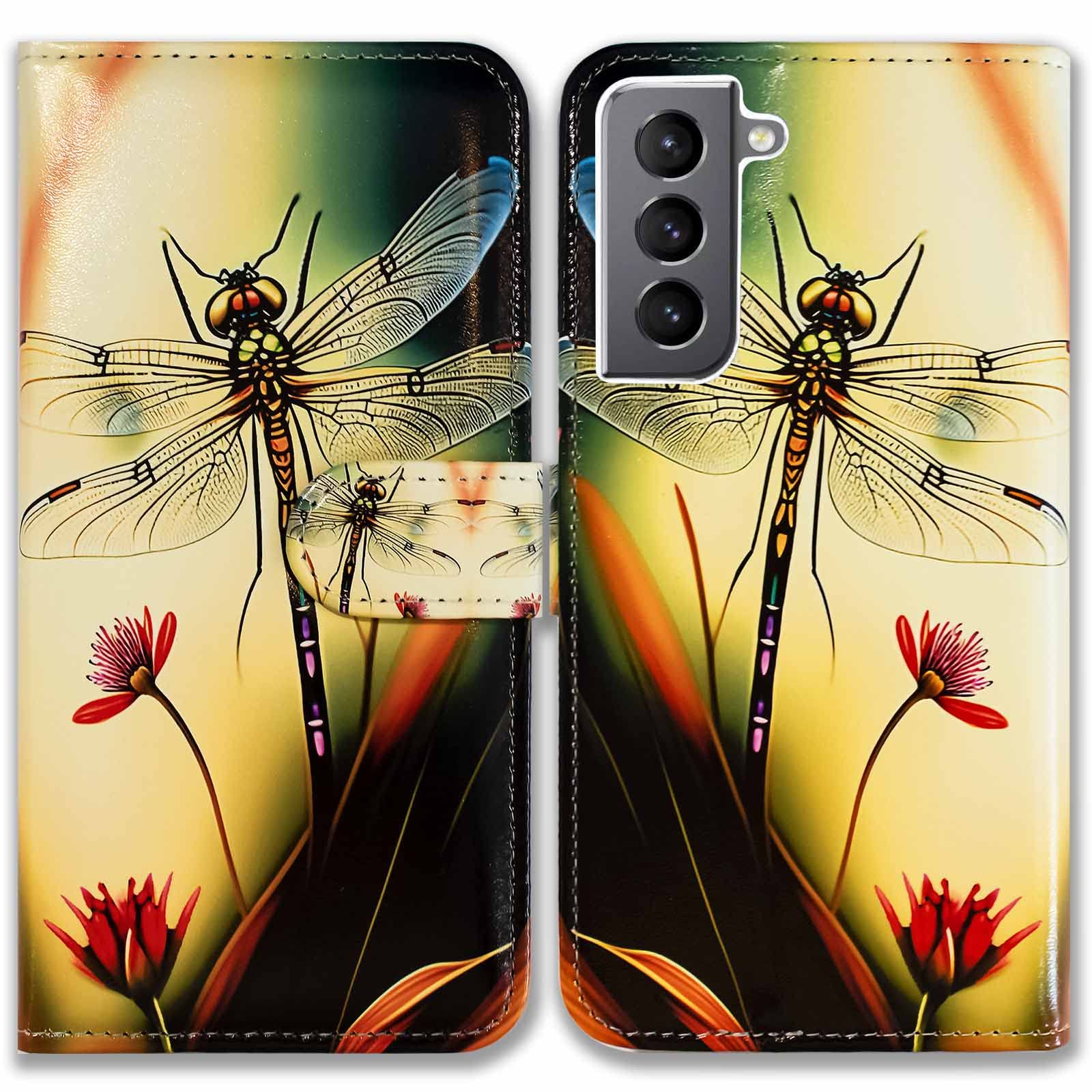 Bcov Case for Galaxy S22,Colorful Dragonfly Leather Flip Phone Case Wallet Cover with Card Slot Holder Kickstand for Samsung Galaxy S22