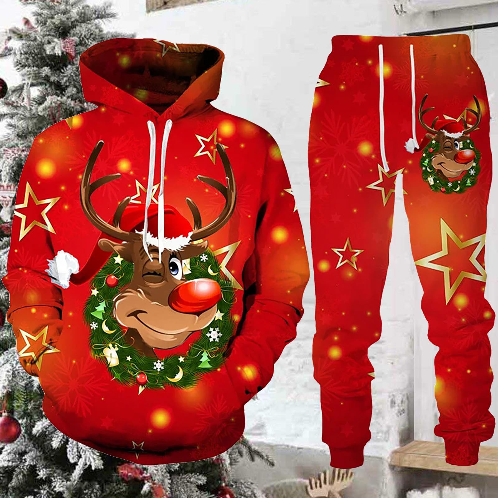Generisch Weihnachts Jogginganzug Herren Set Lustig Weihnachten Druck Trainingsanzug Zweiteiler Sportanzug Funny Christmas Freizeitanzug Winter Warme Hausanzug Mode Festliches Tracksuit für Männer