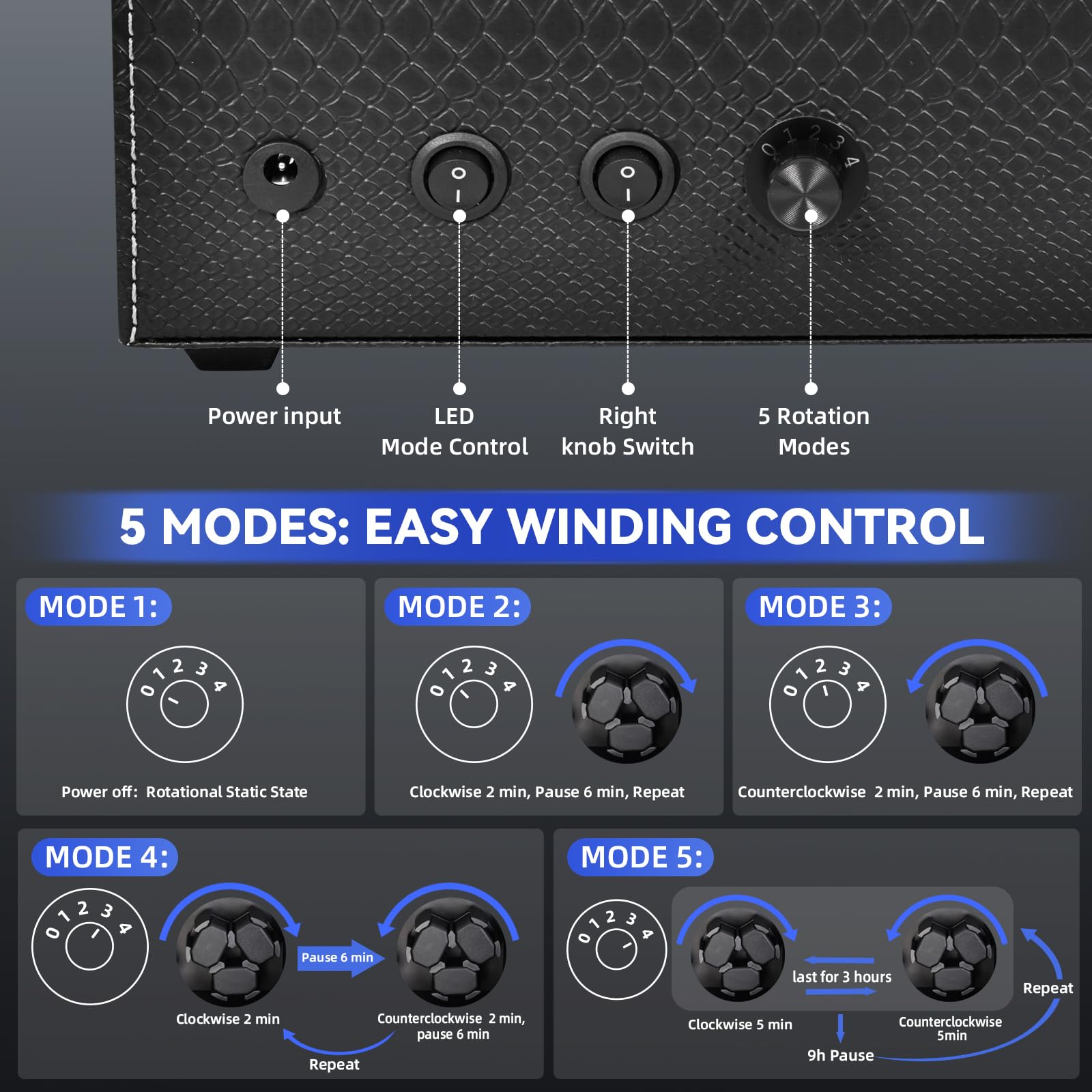Hightall - Remontador automático para relojes 6 + 6 con motor silencioso (< 5 dB), espuma viscoelástica antiarañazos y base estable de fibra de carbono y diseño de piel de serpiente, Negro , M