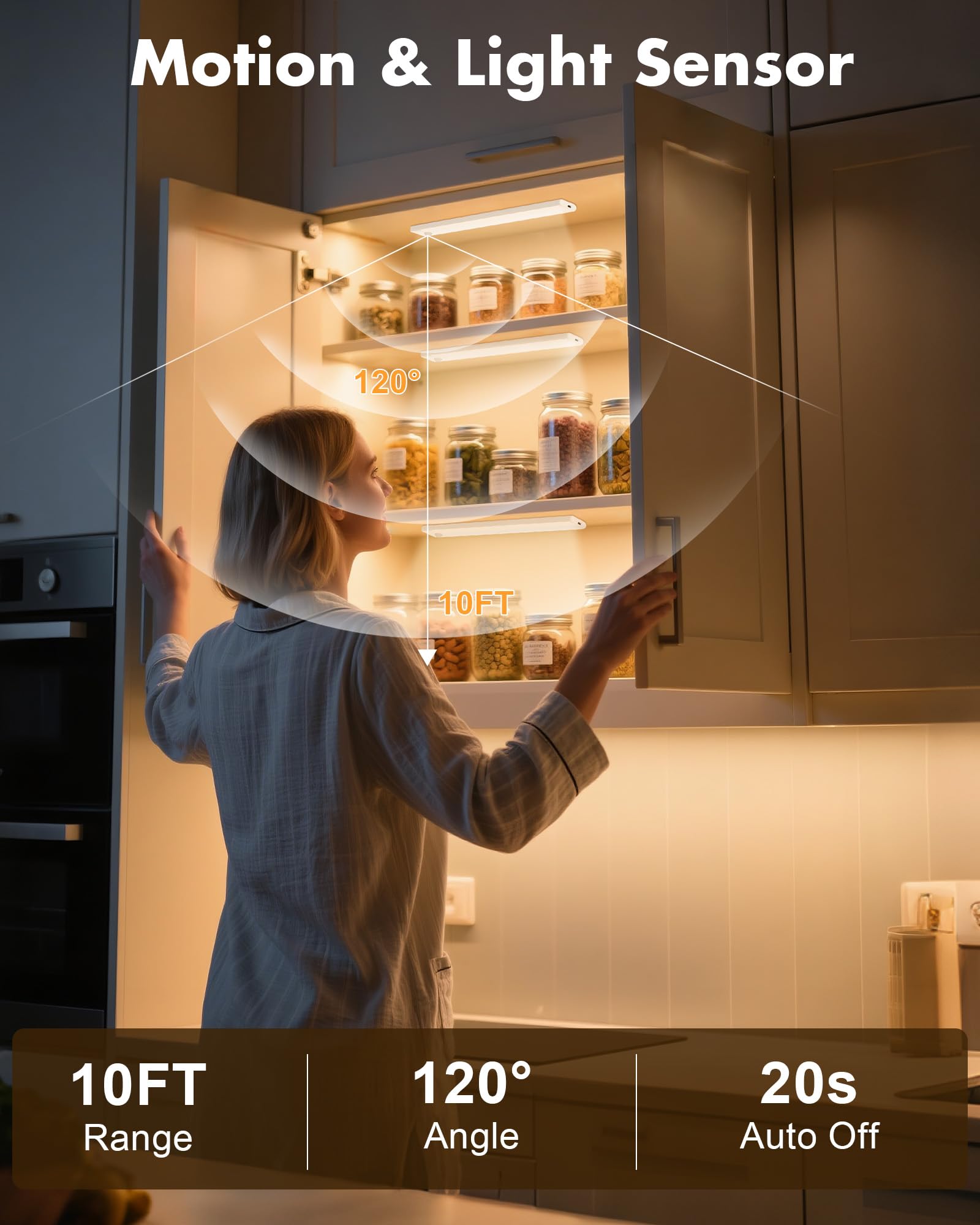 maylit Lot de 6 éclairages sous armoire, 3 couleurs de temps, détecteur de mouvement d'intérieur, lumières à piles rechargeables, barre lumineuse magnétique sans fil pour comptoir de cuisine, placard