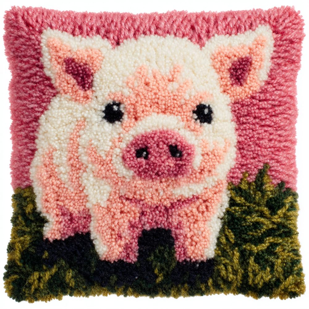 Kitquiver Latch Hook Cushion Kits for Adults, Piglet Latch Hook Pillow Case Kits Embroidery Kits 17X17Inch, DIY Needlework Pillow Cover Sofa Cushion Rug Making Kits, DIY Craft Kits 43X43 Cm - Stitch