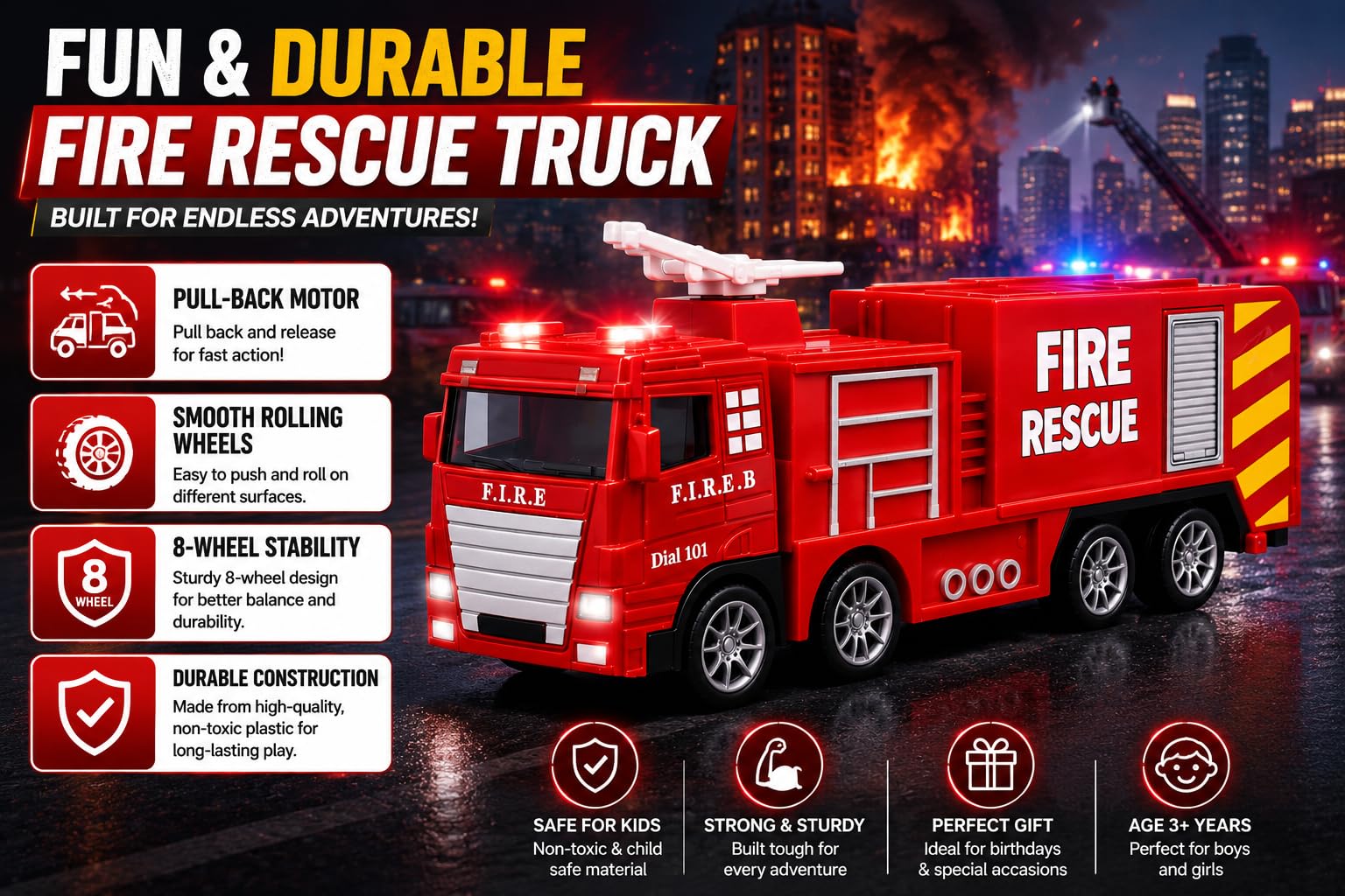Mini Fire Rescue Truck Toy - Pull Back Fire Engine -3