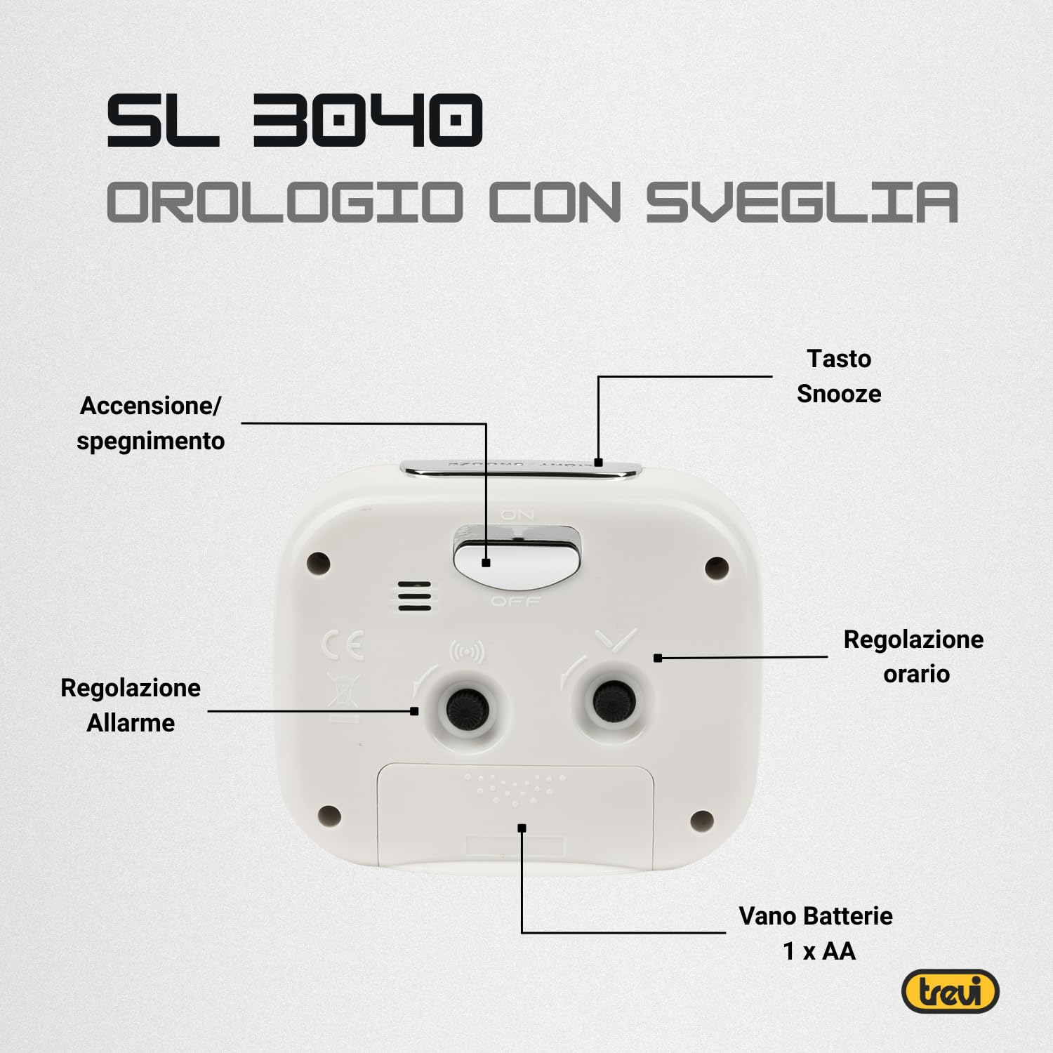 Trevi SL 3040 Sveglia Analogica Silenziosa con Retroilluminazione LED e Ampio Quadrante, Movimento SWEEP Senza Ticchettio, Funzione Snooze, Funzionamento con Batteria Stilo AA, Facile Utilizzo, Bianco