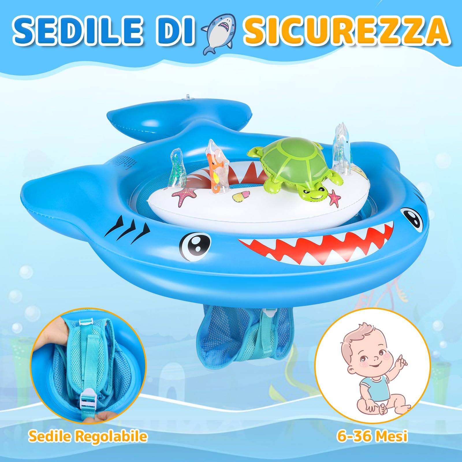 IEEILULU Salvagente Neonato, Ciambella Neonato Mare con Parasole Olare Rimovibile UPF50+, Salvagente Bambino con Giocattolo a Forma C Della Tartaruga e Adesivo Riparazione per Bambini da 6 a 36 Mesi