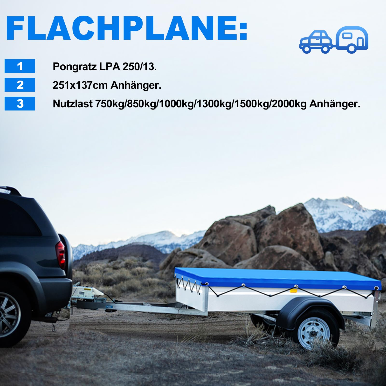 Bâche Remorque, 256x145x8cm Bache Remorque, IMPERMÉABLE Protection Plate avec Corde, Idéal pour Pongratz LPA 250/13 und 750kg/850kg/1000kg/1300kg/1500kg/2000kg 251x137cm Remorque