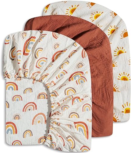 Paquete de 3 sábanas de muselina para cuna, estilo bohemio, de género, neutro, para bebé, niño o niña, suaves y transpirables, con sol bohemio y