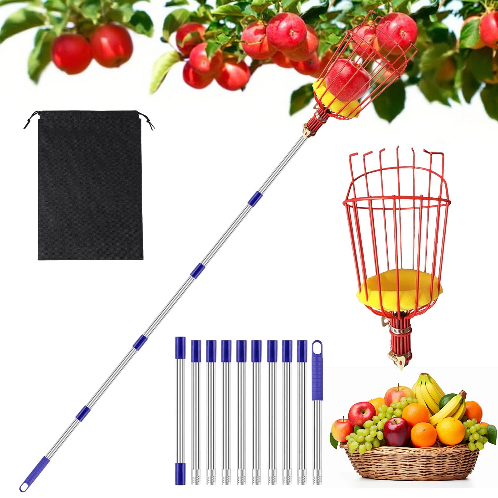 Strumento raccoglifrutta da 4,3 m, asta estensibile per raccogliere la frutta, con grande cesto avvitabile, lunghezza 2,3 m/3,3 m, regolabile in acciaio inox, attrezzi da giardinaggio per raccogliere