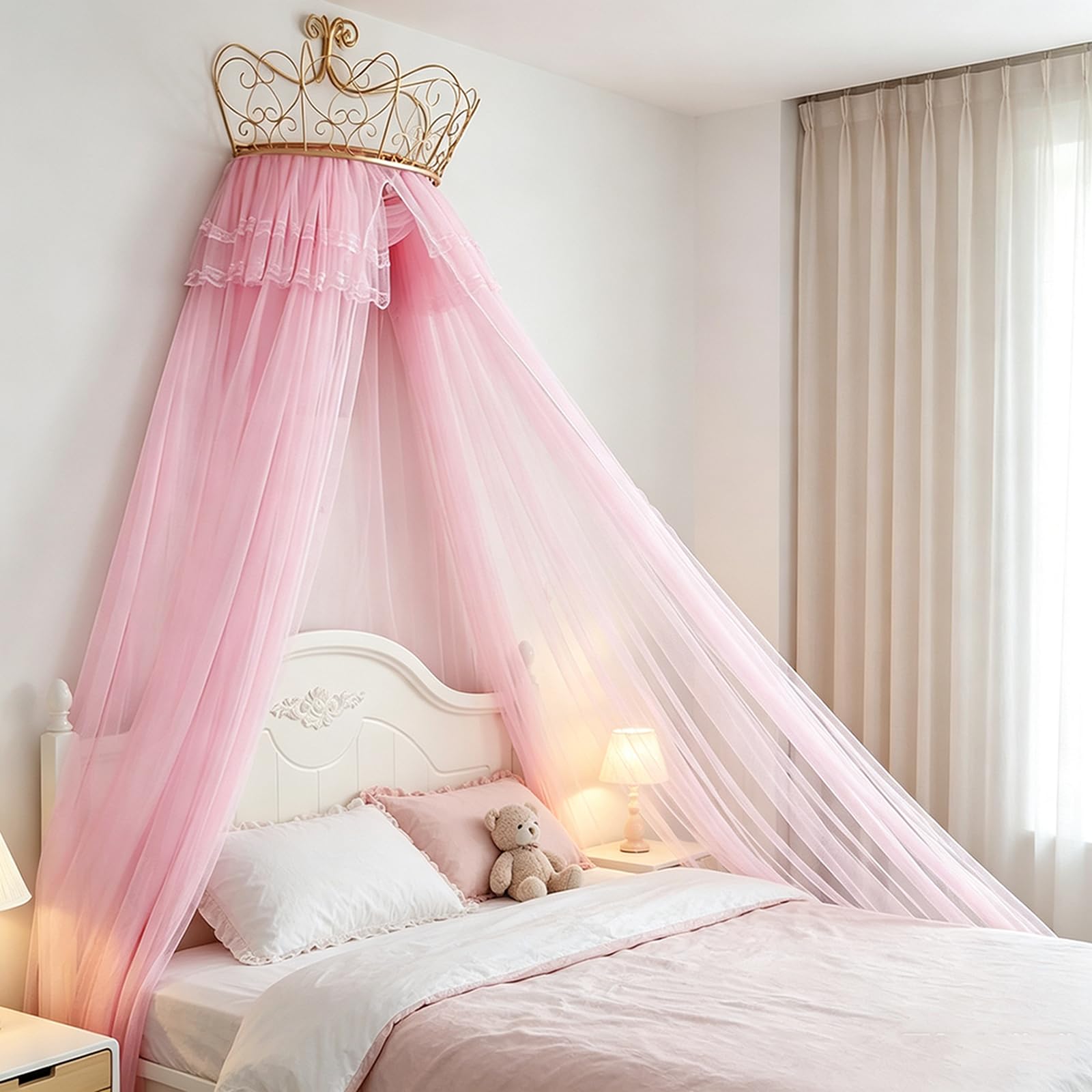 SDCGB Bed Canopy for Girls Room, Premium Bed Canopy Curtains with Metal Crown, Princess Tents Bed Canopy Valance, Hot Pink