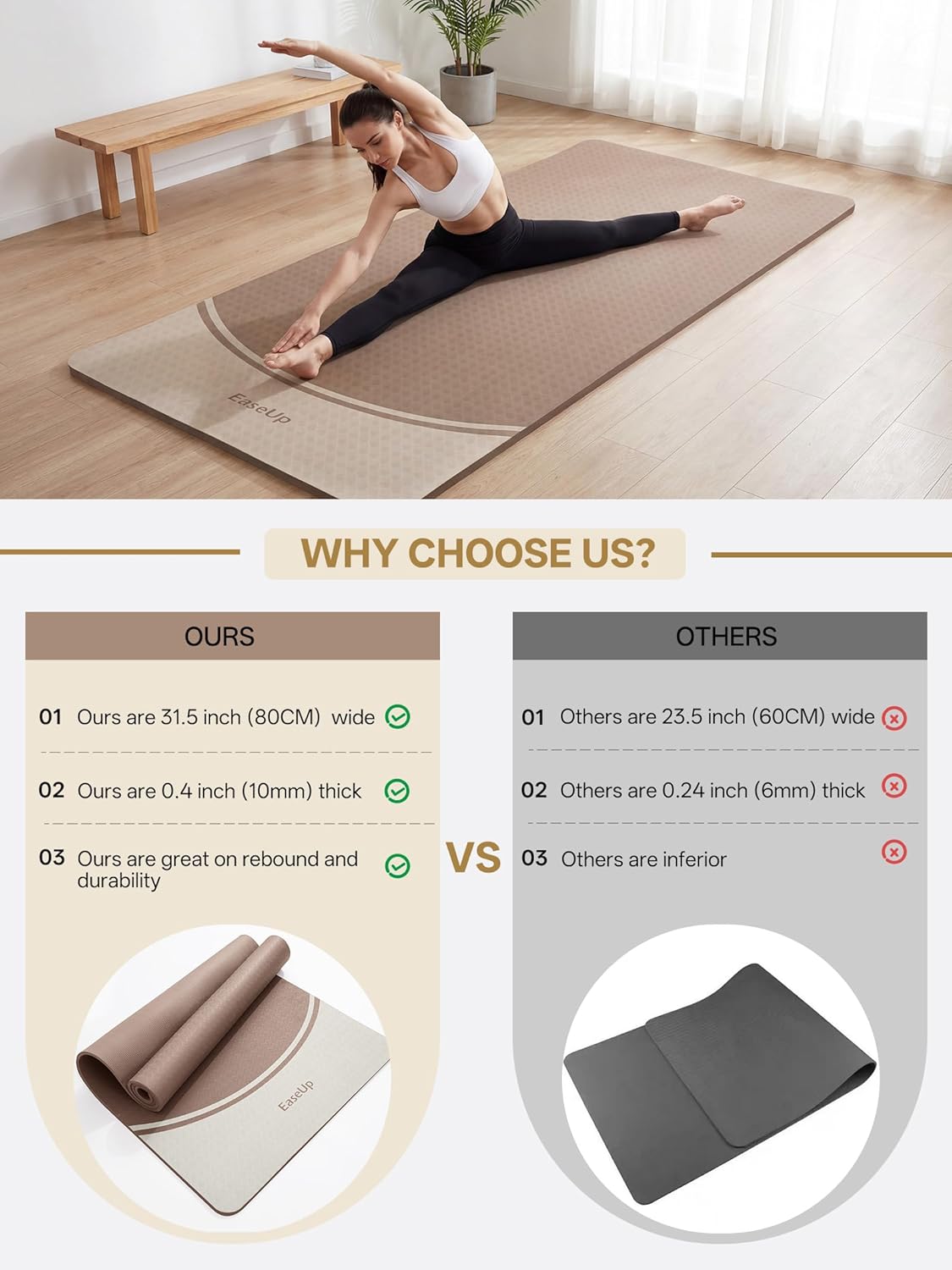 EaseUp Extra Thick Yoga Mat -2/5 inch (10MM), 72.8x31.5" Extra Long-Wide, Professional TPE Non-slip yoga mats for Yoga,Exercise, Workout,Pilates and Fitness, with strap