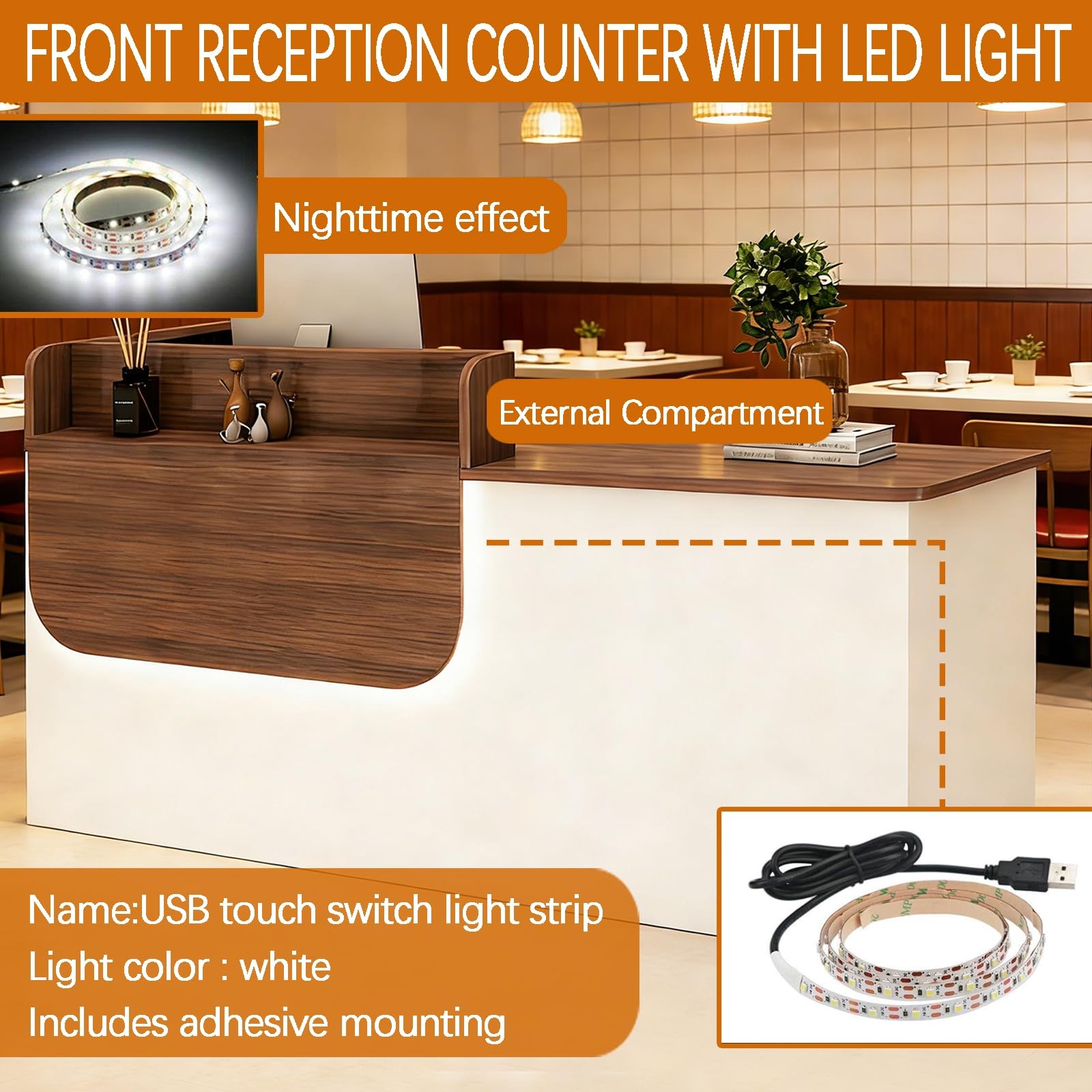 Escritorio moderno de iones con bandeja para teclado y estantes con cerradura de luz LED, elegante mostrador para hoteles, empresas, espacios minoristas, 100 x 60 x 100 cm