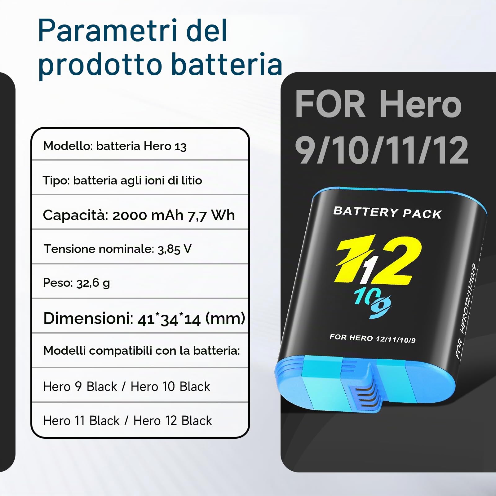 3Pcs 2000mAh Hero 12 Batteria per Hero 12/11/10/9 Black - 3.85V Ricaricabile compatibile con 12/11/10/9 Black