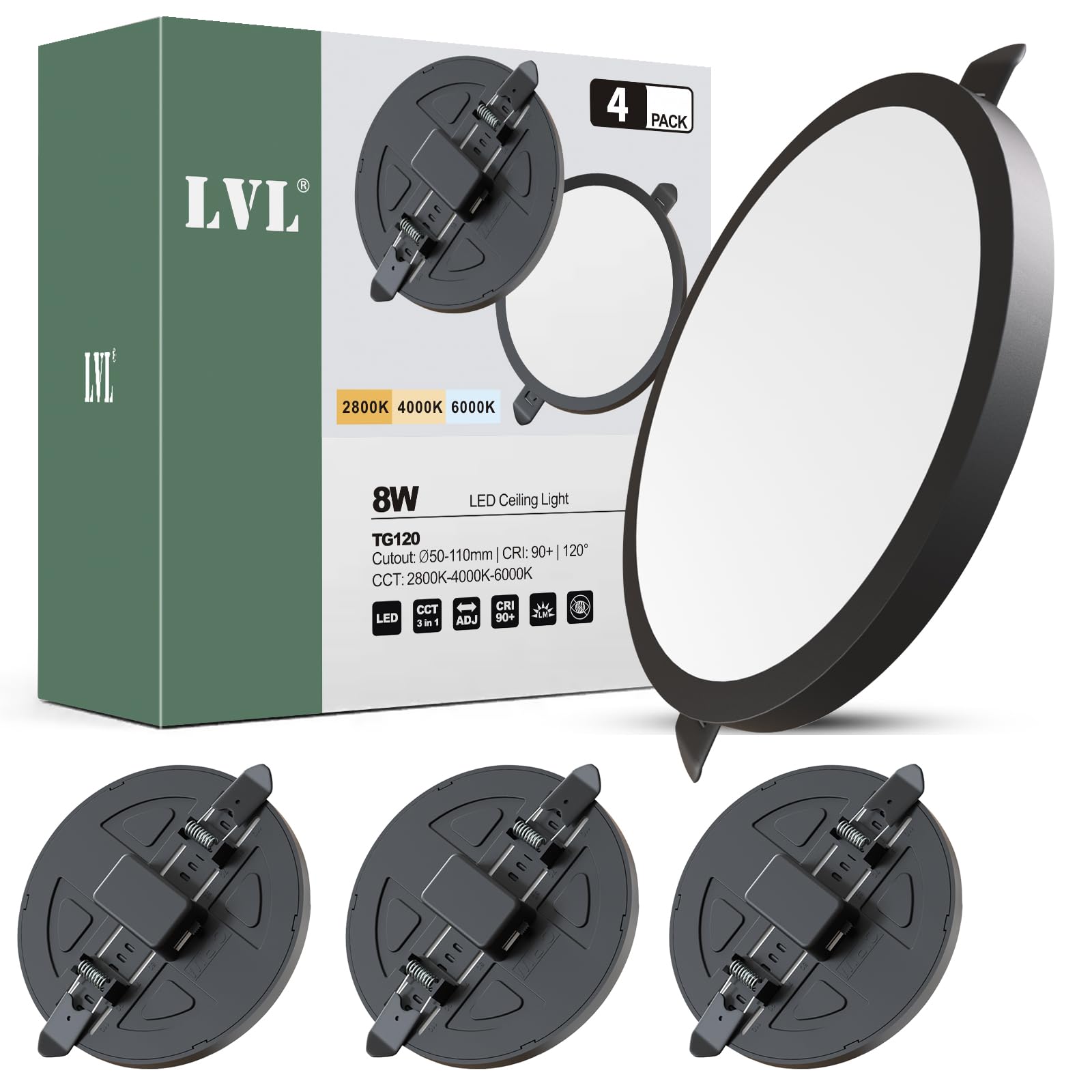 LVL Faretto da incasso a LED, piatto, 230 V, 8 W, non dimmerabile, 3000 K/4000 K/6000 K, diametro foro 50-110 mm, per bagno, cucina (nero, 4 pezzi)