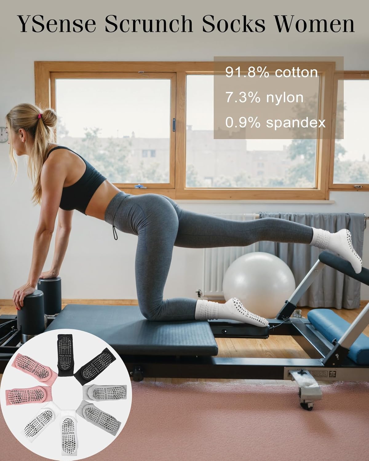 YSense 4 Pairs Pilates Socks with Grips for Women Non Slip Long Slouch Socks Yoga Grippy Sock Slouchy Barre Hospital Slipper - Image 2