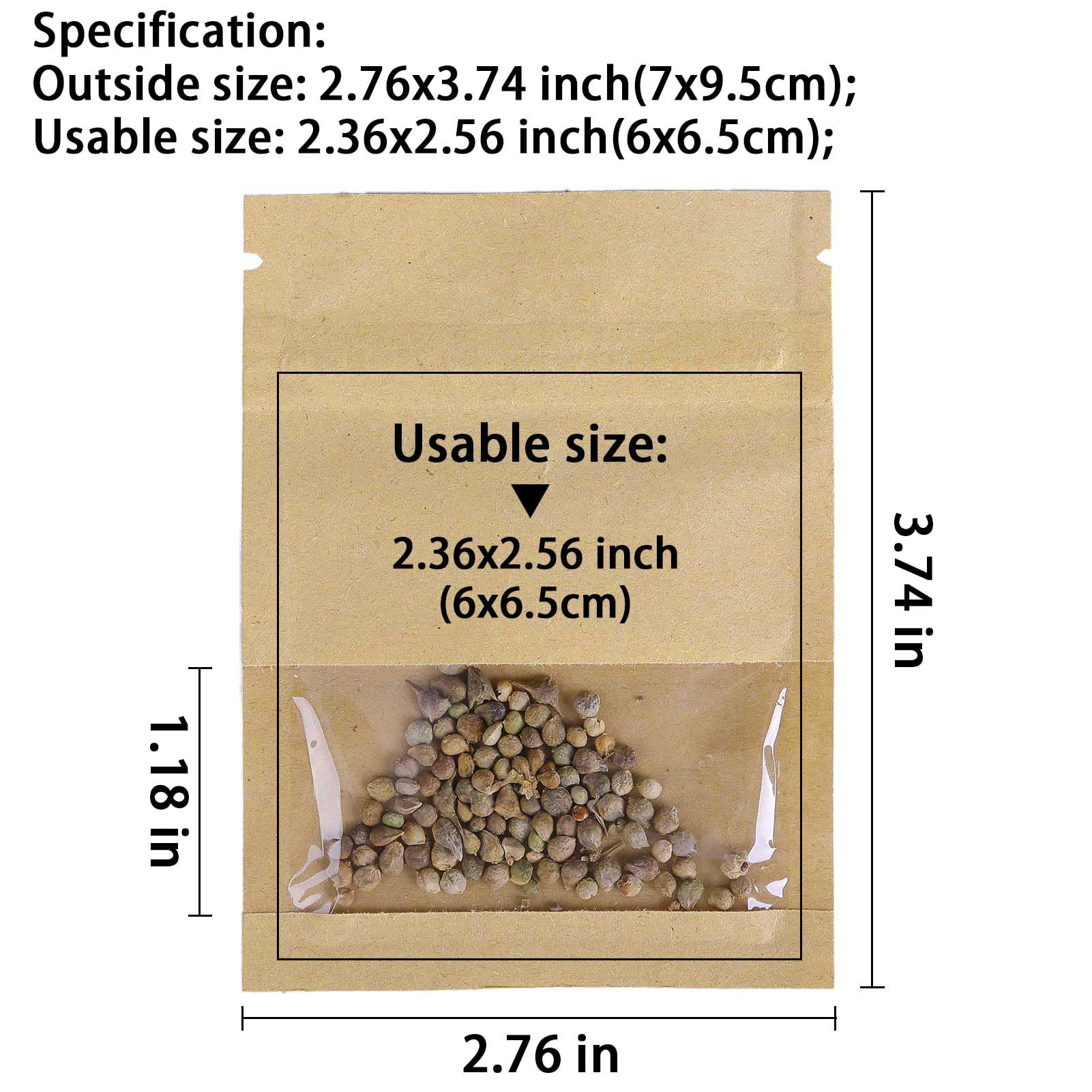 WACCOMT Pack 100pcs Small Resealable Bags Seed Envelopes with Clear Window 2.75x3.74 inch Brown Zipper Lock Kraft Paper Seed Packets Coin Envelopes for Seed Flower Vegetable Plants Garden Storage - Image 4