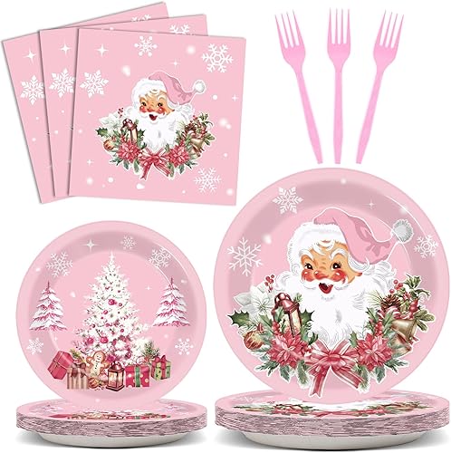 Miniatura 1 de Juego de vajilla rosa para fiesta de Navidad, 96 piezas, suministros de fiesta de copos de nieve de Papá Noel, platos desechables para árbol de