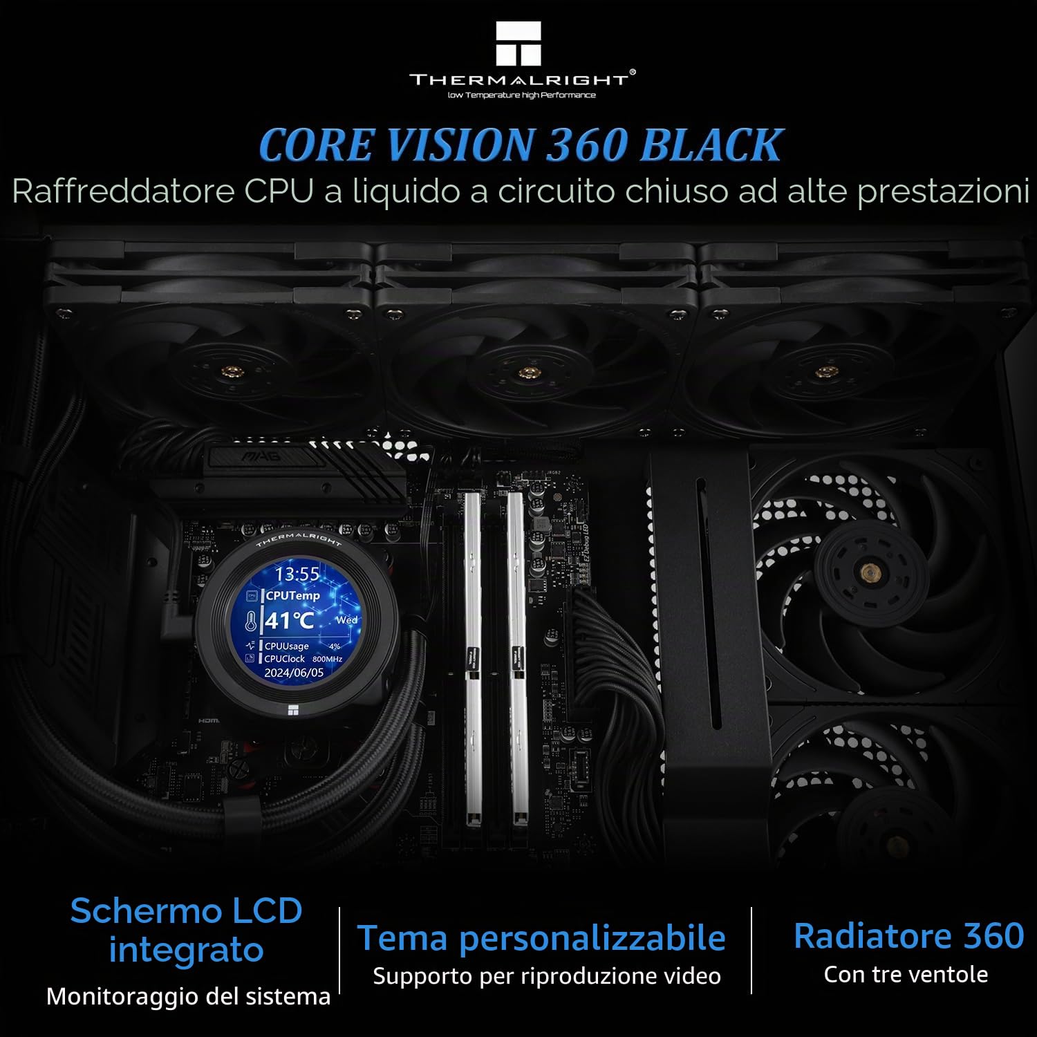 Thermalright CORE VISION 360 Black CPU AIO - Radiatore CPU con schermo IPS LCD con risoluzione 480 x 480, per AM5 e Intel 1700/1851, potente raffreddamento ad acqua a 360 specifiche con display