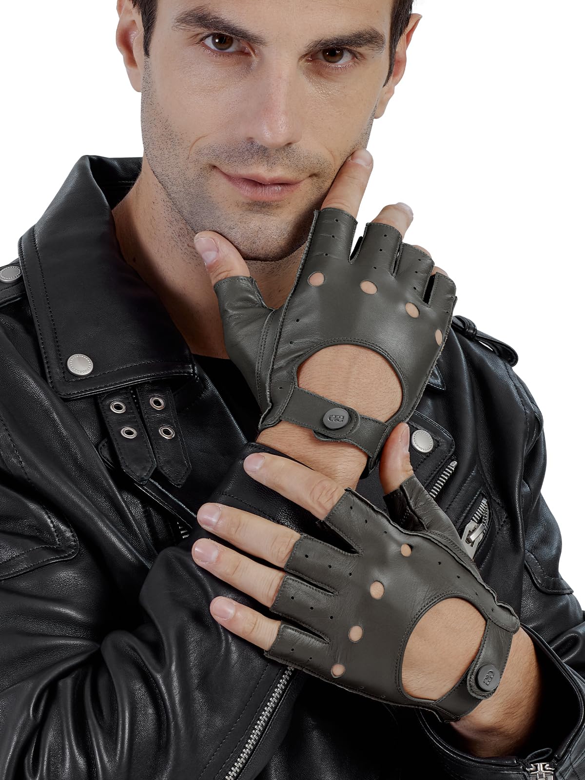 GSG Men's Fingerless Leather Driving Gloves, Half Finger, lambskin