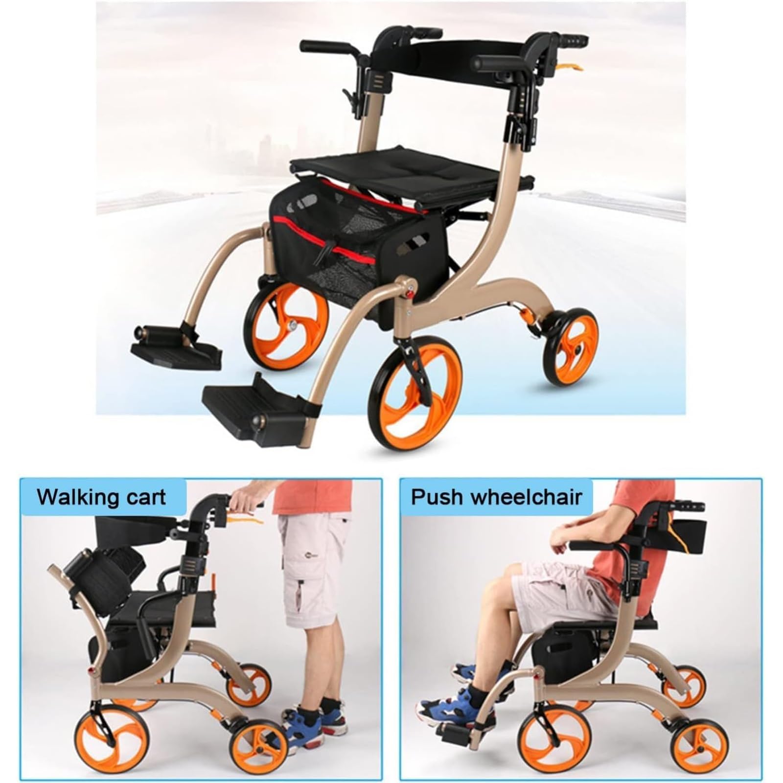 Rollator Walker with Seat Seniors 2-w-1 Rollator Walker Wheelchair Combo Transport Wheelchair Lightweight Foldable 220lb Collapsible 4 Wheel Transport Chair w/Brake Footrest Pouch