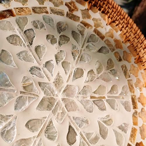 Miniatura 6 de i-lan Bandeja redonda de ratán de 16 pulgadas con base de madera de mopa beige, bandeja otomana de mimbre extra grande con 1 pulgada, platos tejidos