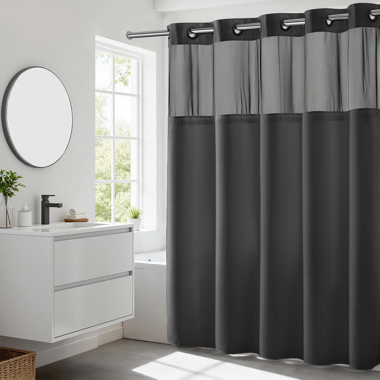 River Dream Rideau de Douche à Tissage gaufré avec Doublure à Clipser – 180 x 188 cm (l x H), de qualité hôtelière, Rideau de Bain Semblable au Spa, Gris Graphite
