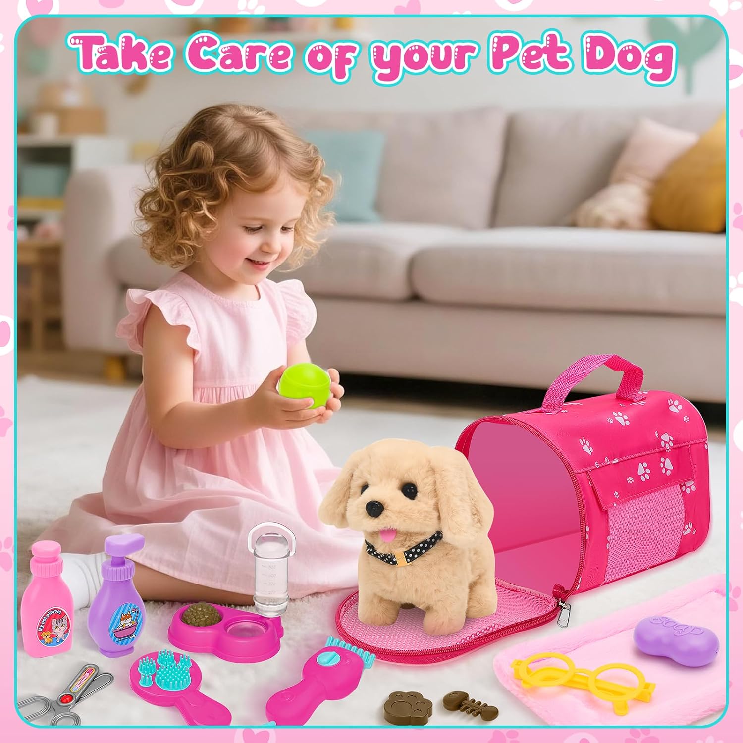 deAO Dog Toys for Kids Stuffed Dog Plush Toys with Carrier Cage,Pet Mat Pretend Play Puppy Pet Care Feeding Playset Toys Gifts for Boys Girls 3 4 5 6 Year Old - Image 5
