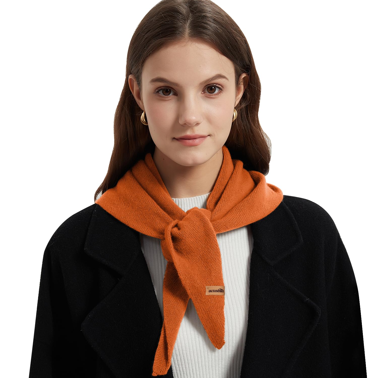 Acushla Unisex Orange 100% Merino Wool Triangle Scarf For Women Knitted Fashion Neckerchief Lightweight Soft Warm Neck Warmer