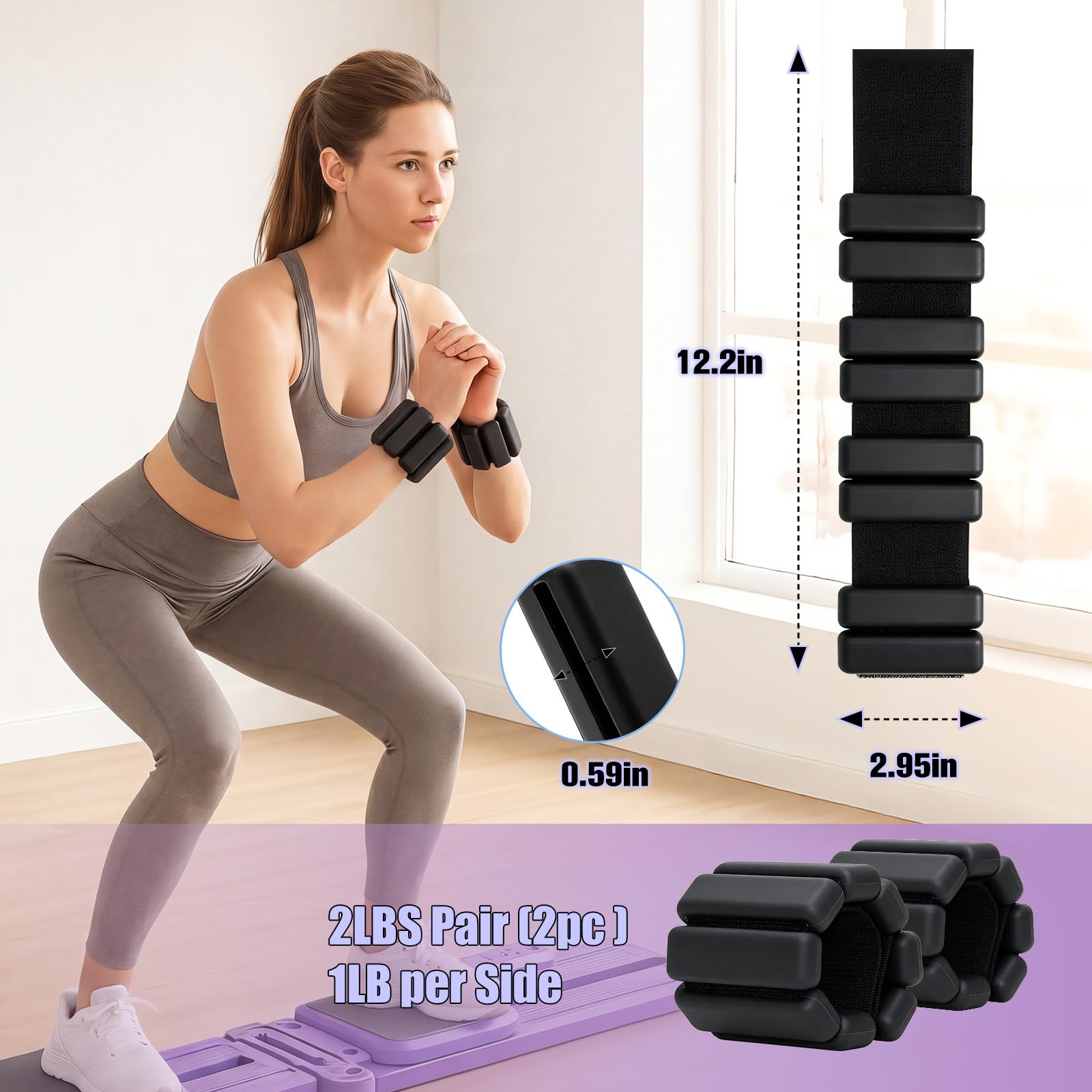 Juego de 2 pesas de muñeca, pesas de tobillo para mujeres y hombres, pulsera ajustable con peso para el hogar, gimnasio, yoga, baile, pilates, ejercicios de piscina y correr, 2 libras