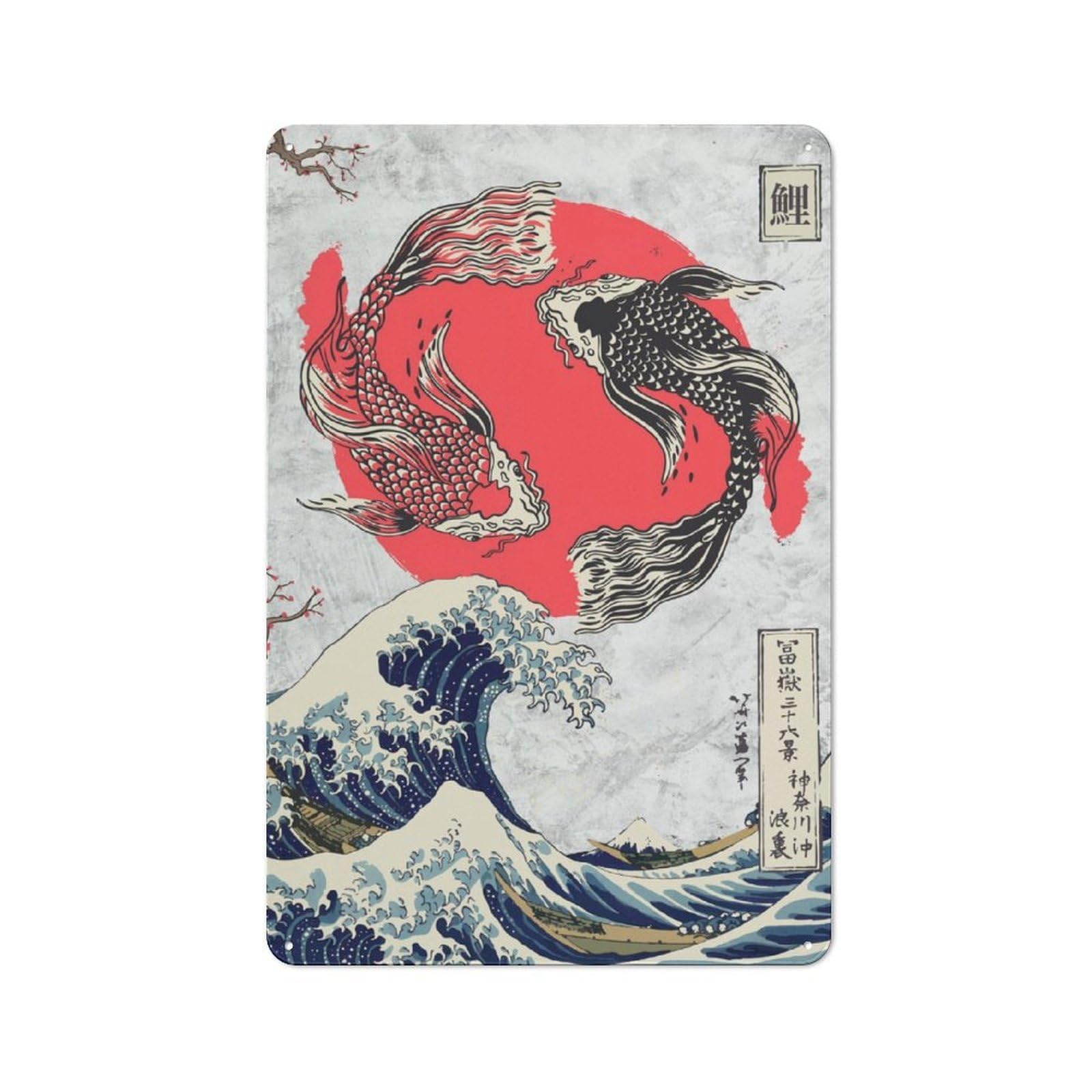 Junmoney Koi Fish Yin And Yang Wave Vintage Tin Sign 30X20cm With For Garage Wall, Suited To People Furnishing A Garage