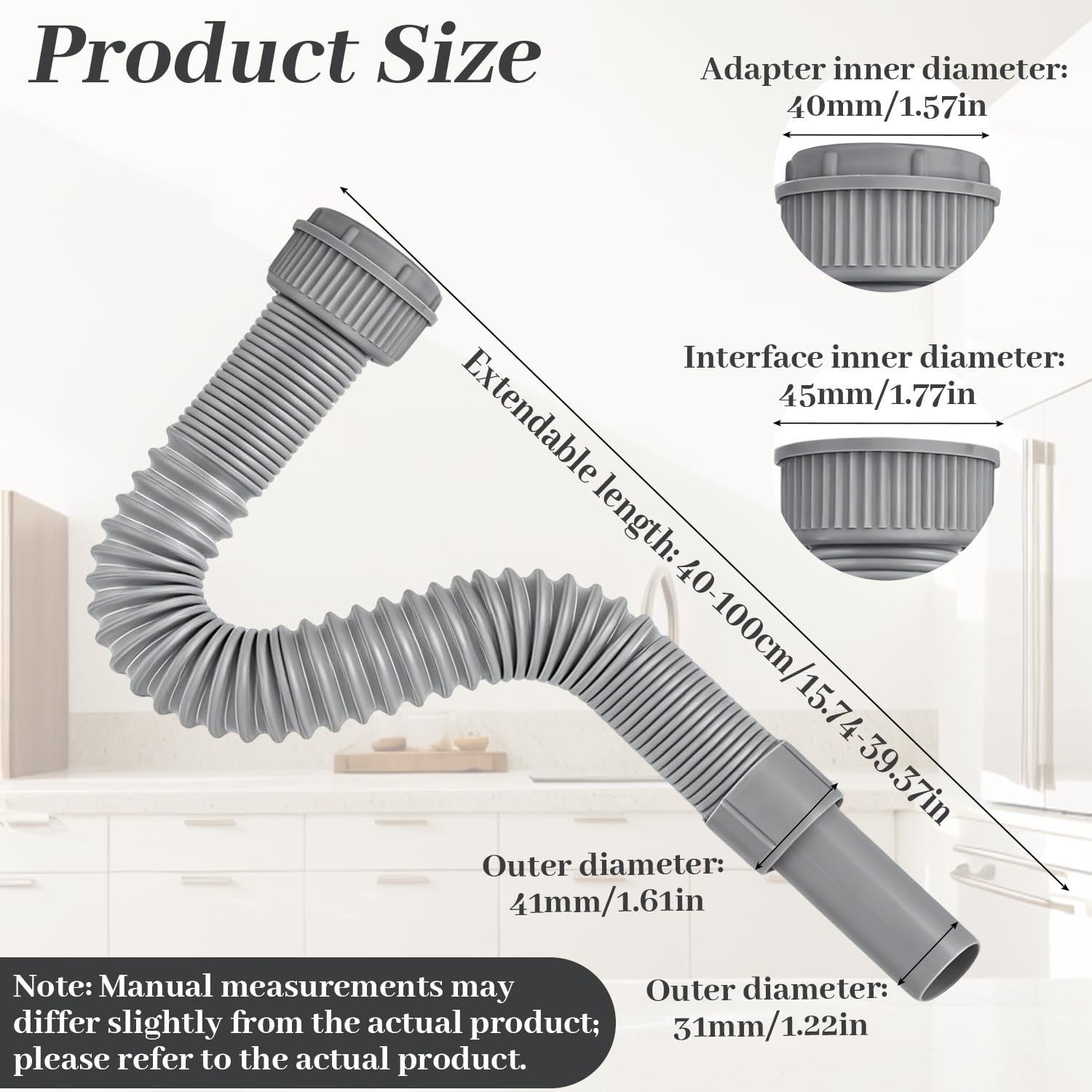 Tubo de desagüe flexible 45 mm, tubo extensible para fregadero, manguera con refuerzo de acero, adaptador 40 mm, kit duradero para cocina y baño (Gris) — view 2