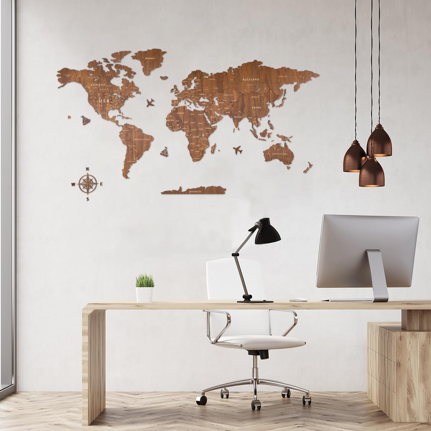 Creawoo Deutsche Holz Weltkarte Wand, handgefertigte Wanddekoration aus Walnussholz Weltkarte, Wandkunst Wanddekoration für Haus & Büro, 150 x 85 cm