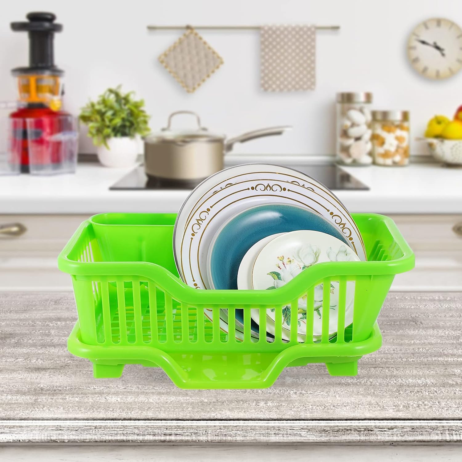 Hemoton Dish Drainer Rack Dish Drying Rack Utensil Cutlery Holder Over Sink Dish Rack Basket Shelf Chopsticks Holder for Kitchen Counter Organiser Green
