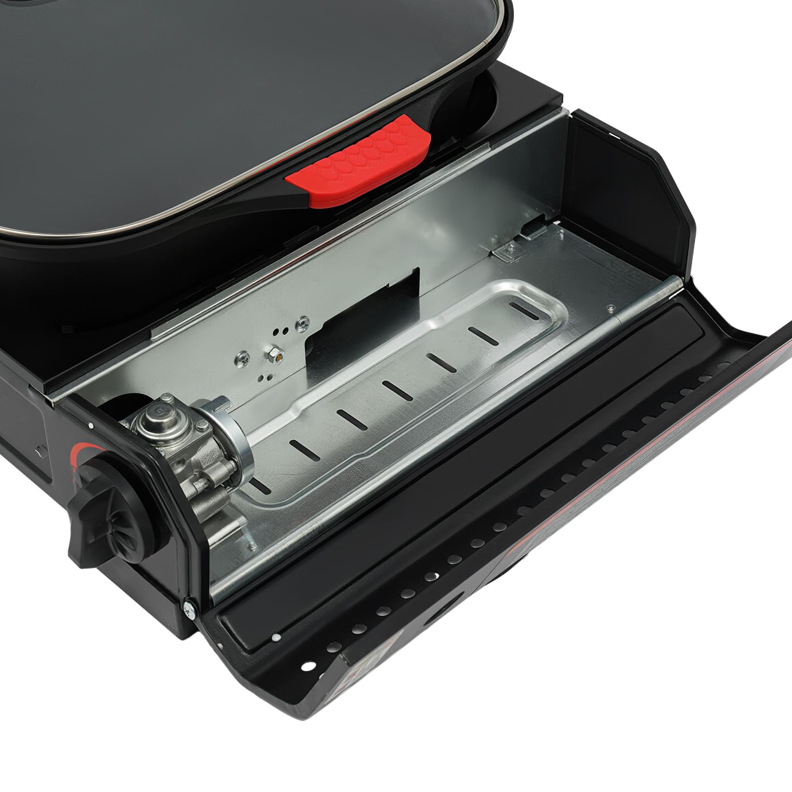 Barbacoa de gas para camping, pequeña 2,1 kW, hornillo de gas con placa de parrilla y tapa de cristal, para camping, bidón de butano, hornillo de camping para interiores, exterior (con asa)