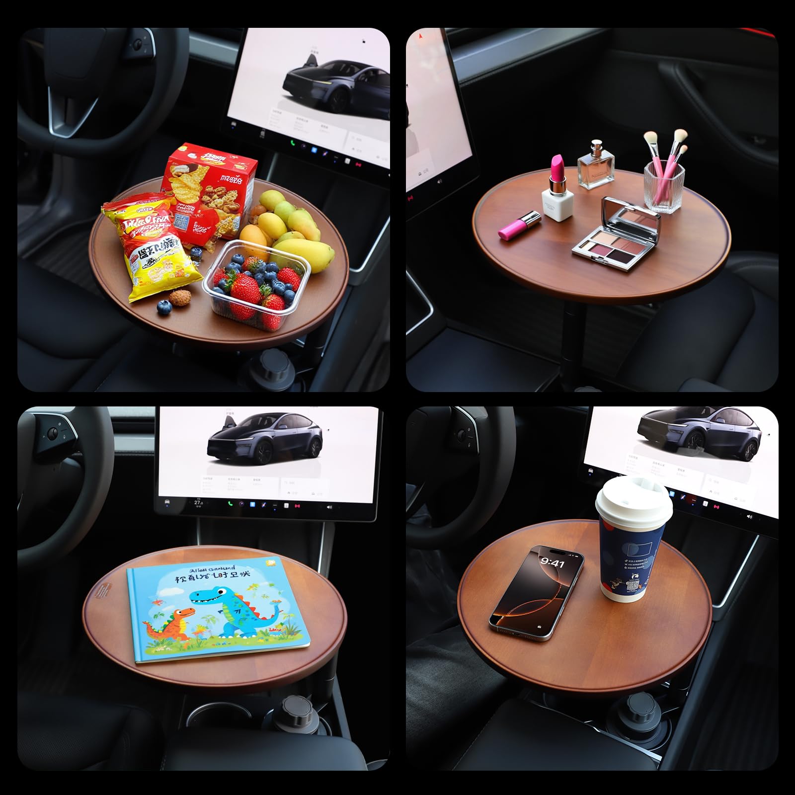 Plateau de voiture et bureau de voiture pour ordinateur portable, support de gobelet en bois rotatif à 360°, plateau de volant, accessoire de voiture pour femmes et hommes, compatible avec Tesla Model