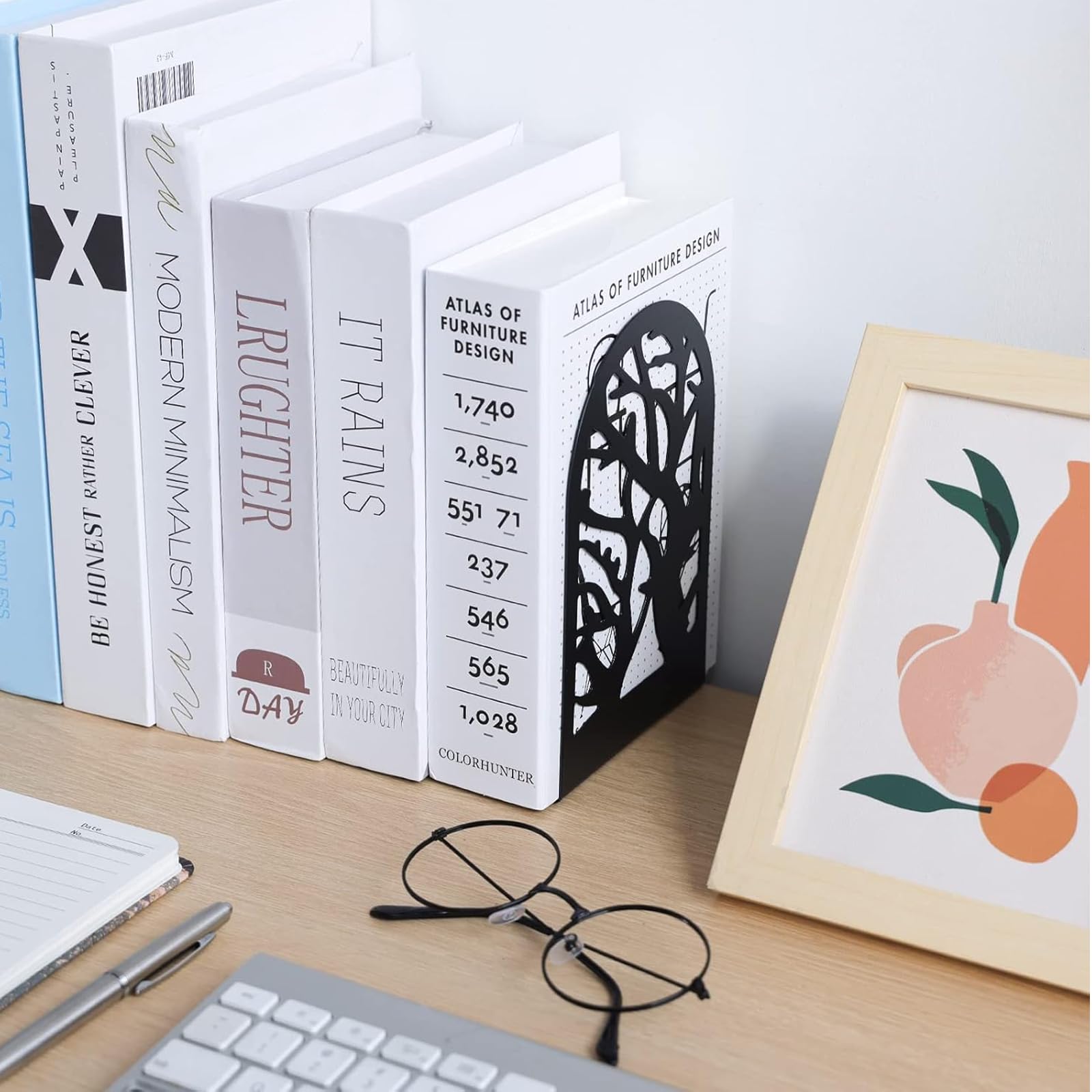 Lot de 8 serre-livres en métal noir avec motif d'arbre - Serre-livres en organza avec butoirs antidérapants - Bords arrondis sûrs - Pour l'école, la maison, le bureau