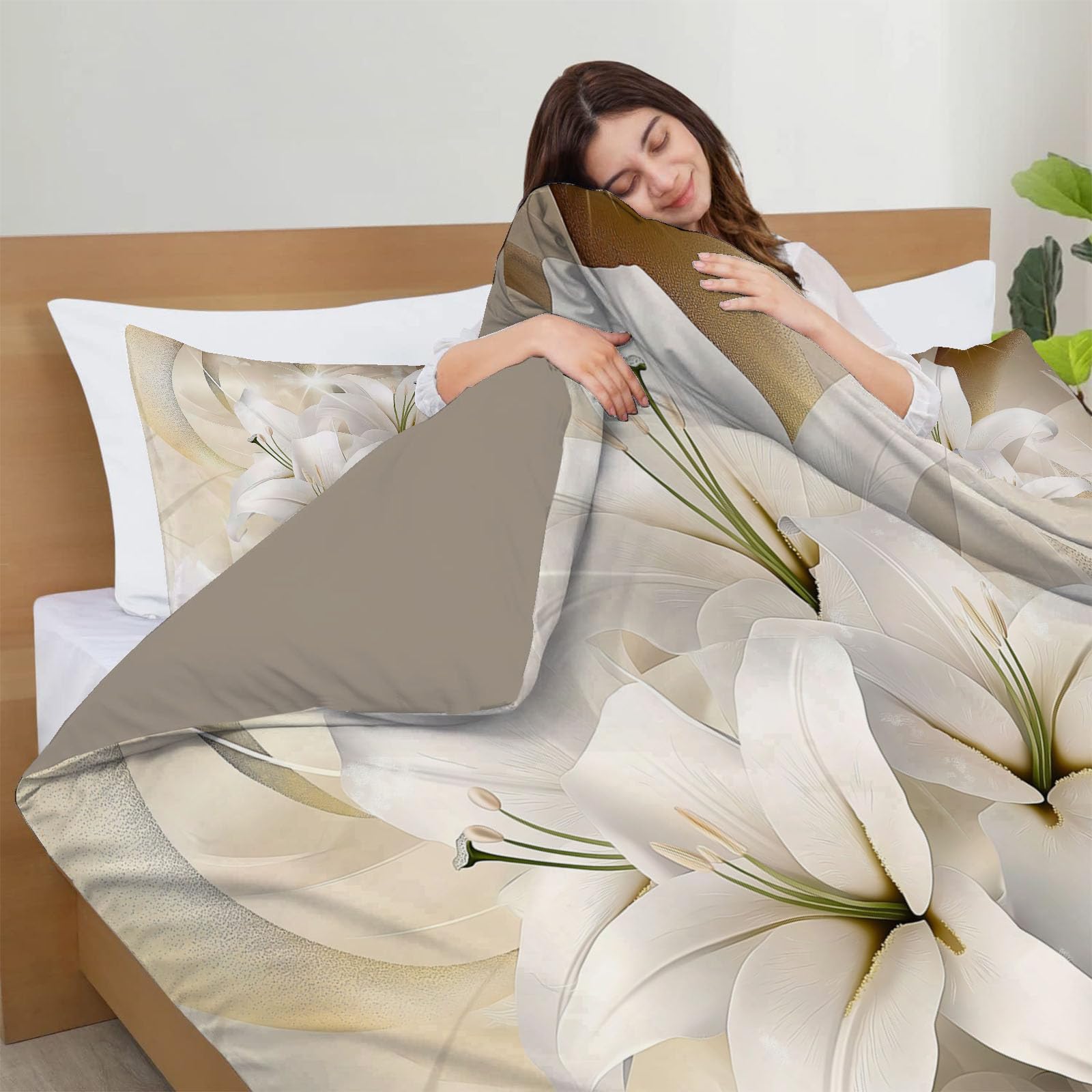 Bettwäsche 200x200cm Weiße Lilie Bettgarnitur Elegante Blumen Bettbezug Sets Bügelfrei und Knitterfrei Kissenbezug mit Reißverschluss und Kissenbezug 80x80 cm