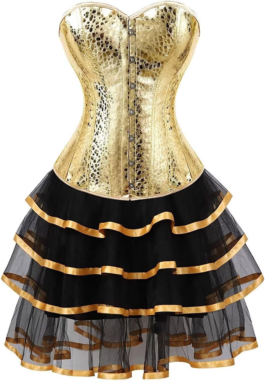 Corset Bustier Dress with Skirts Tutu Tulle Set Leather Overbust Lingerie Vintage Plus Size Golden