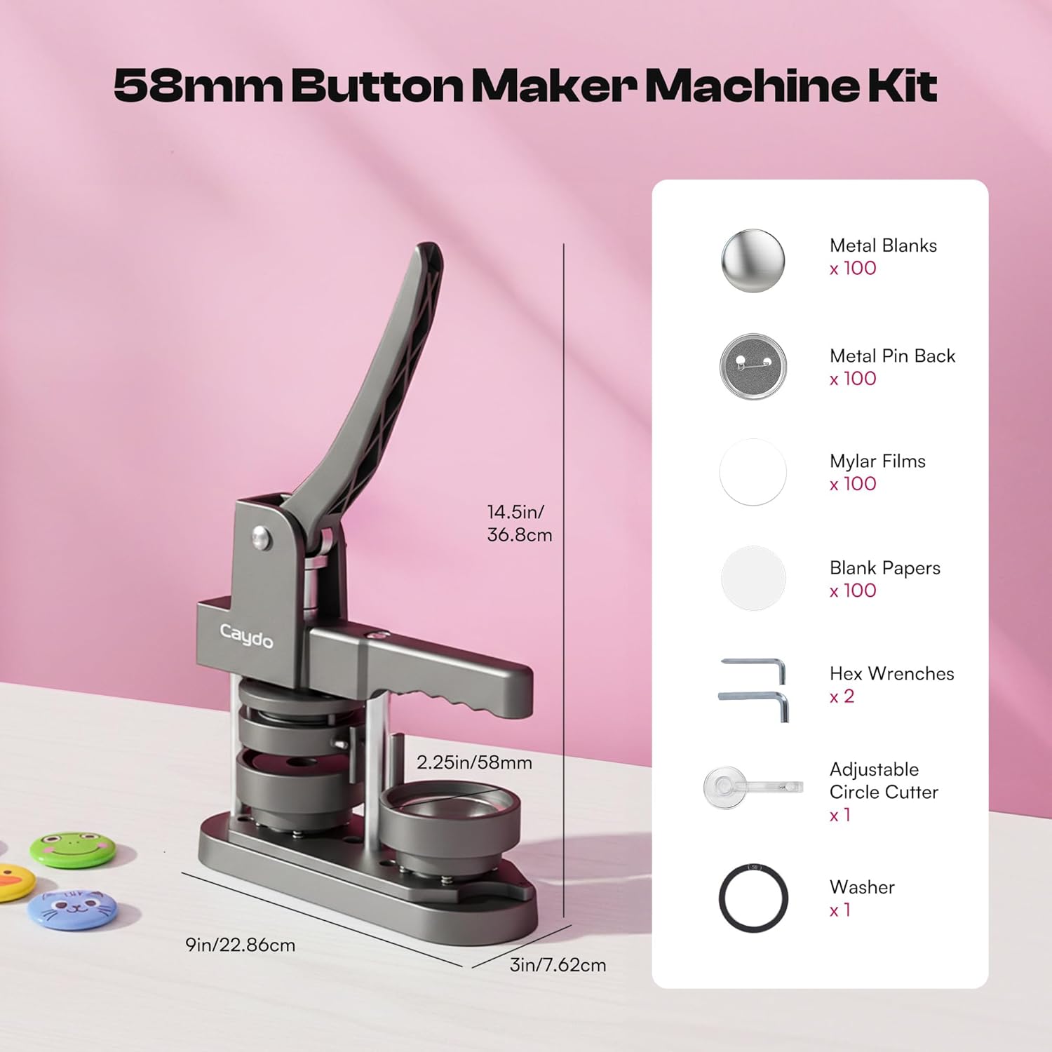 Caydo 2.25in(58mm) Button Maker Machine, Pin Maker Machine for Anime Fans DIY Badge Making Press Kit, Create Fan Pins for Conventions, Anime Meetups & Band Parties, Gifts for Young Adults