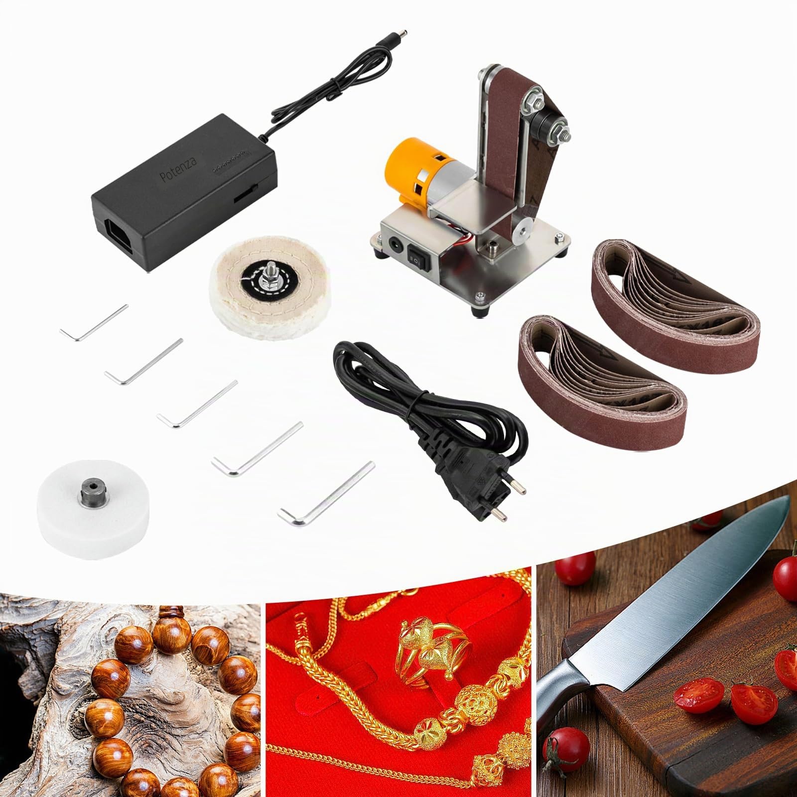 Mini levigatrice a nastro, smerigliatrice elettrica da tavolo a 7 marce, con disco per lucidatura e mola, levigatrice fai da te, con 20 nastri abrasivi per la lavorazione del legno