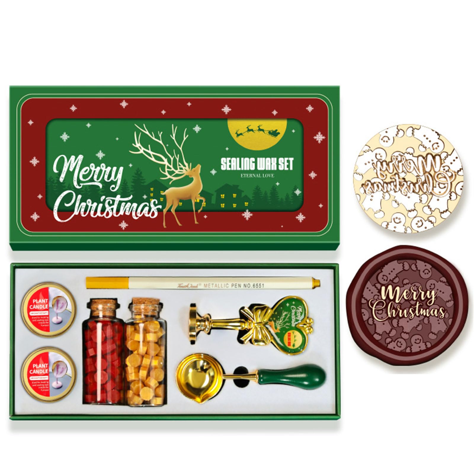 Elnwnnkc Christmas Themed Seal Stamp Set with Melting Spoon, Seal Stamp Beads, Metallic Pen for Envelope, Invitation Embellishment