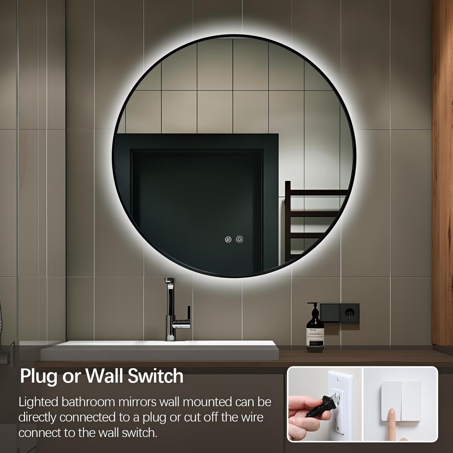 Niccy 30" Round LED Bathroom Backlit Mirror with Lights, Black Frame Lighted Bathroom Vanity Mirrors for Wall Circle Mirrors with Anti-Fog, Light Up Mirror 3 Color ShatterProof